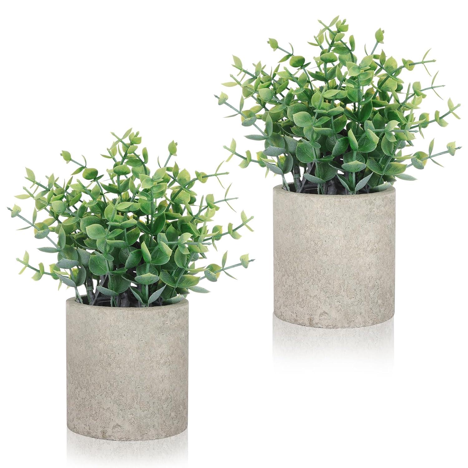 2 Pack Small Fake Plants Eucalyptus Potted Artificial Plants for Shelf Desk Home Bathroom Farmhouse Room Coffee Table Decor