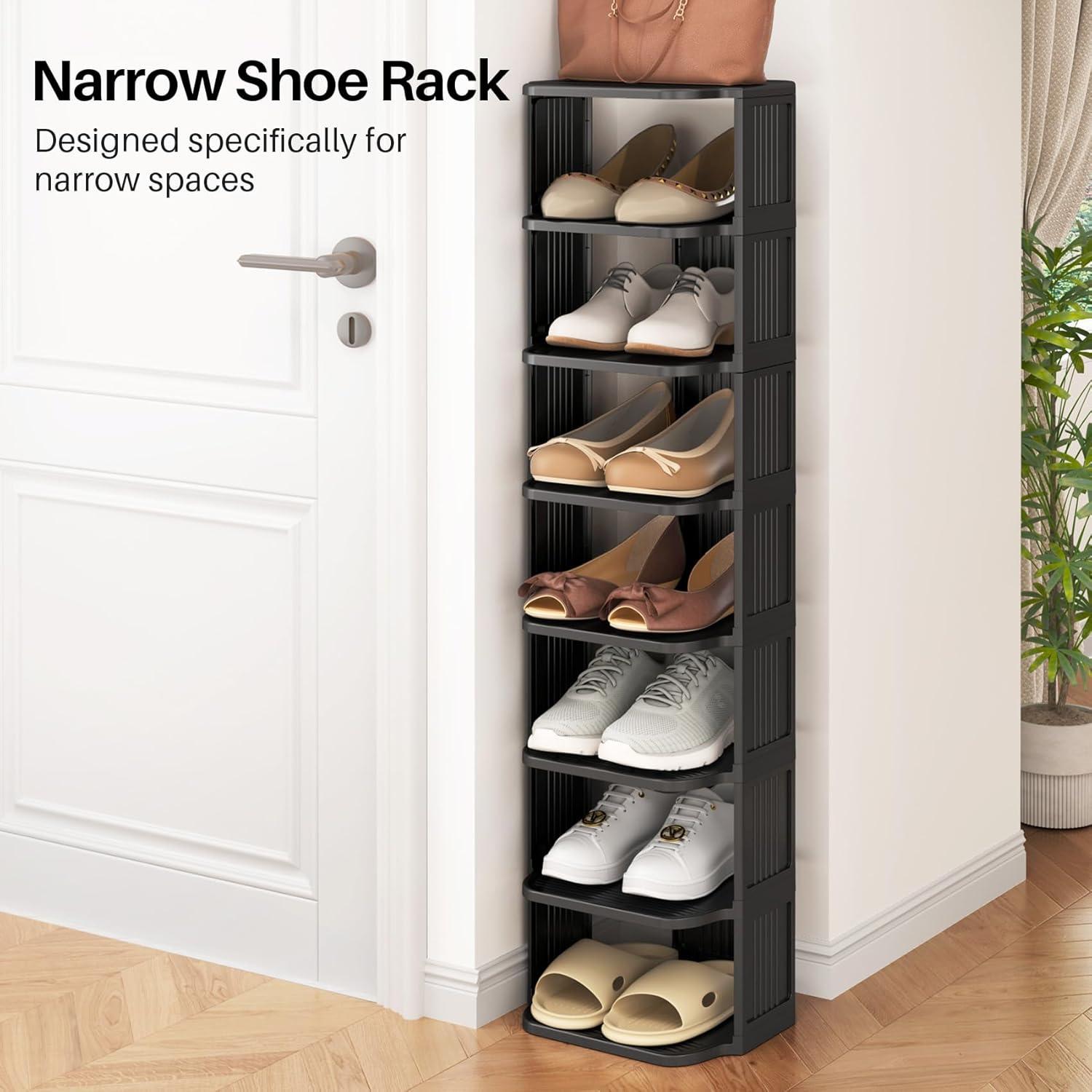 Black 8-Tier Stackable Metal and Fabric Shoe Rack