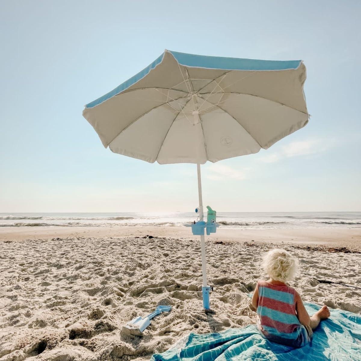 Anchor Works: Classic Beach Umbrella & AnchorONE Kit – Sky Blue - 7.5ft, Carry Bag, Sand Shovel & Drink Tray, UV-Protected, Outdoor Sun Canopy