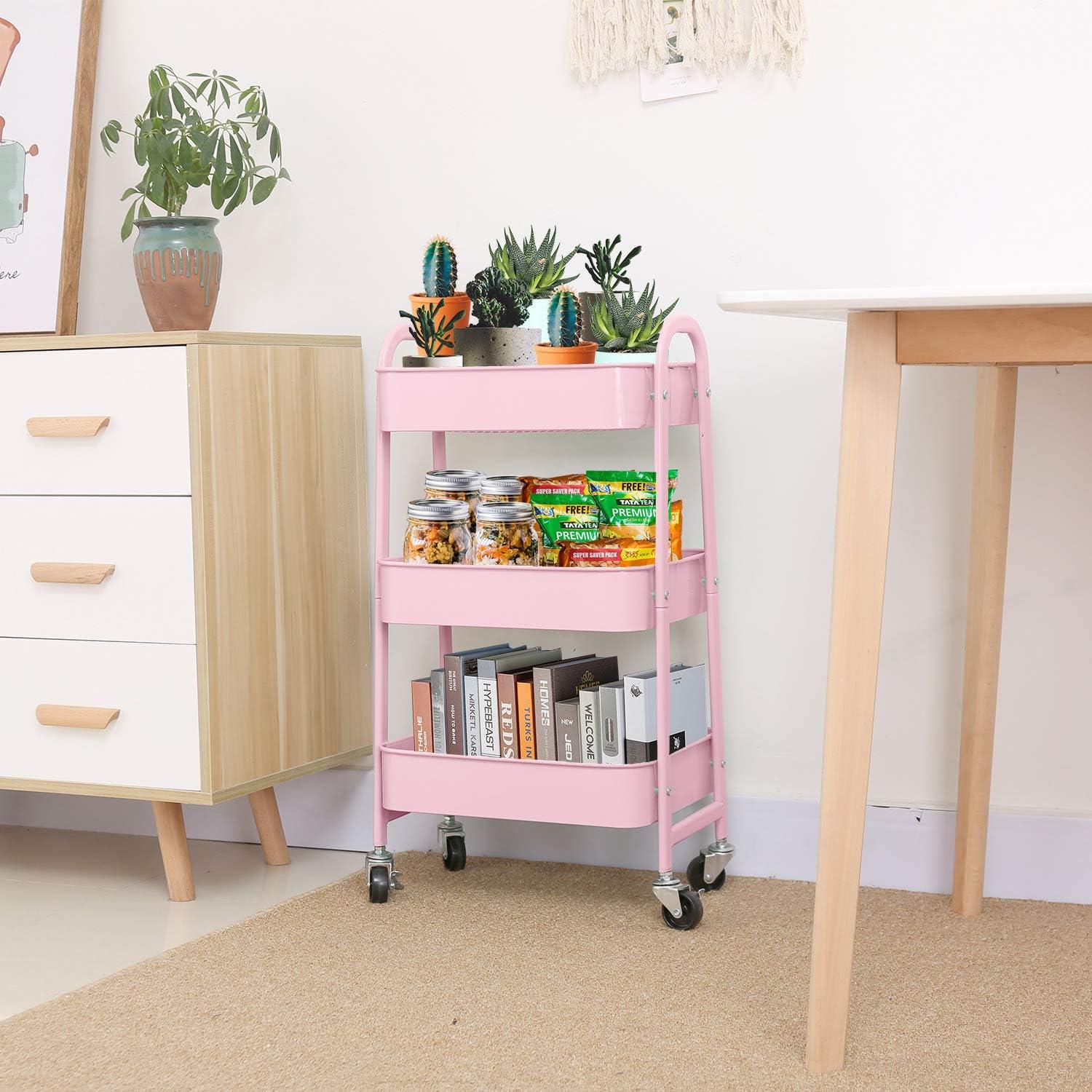 Pink 3-Tier Metal Mesh Rolling Utility Cart with Lockable Wheels