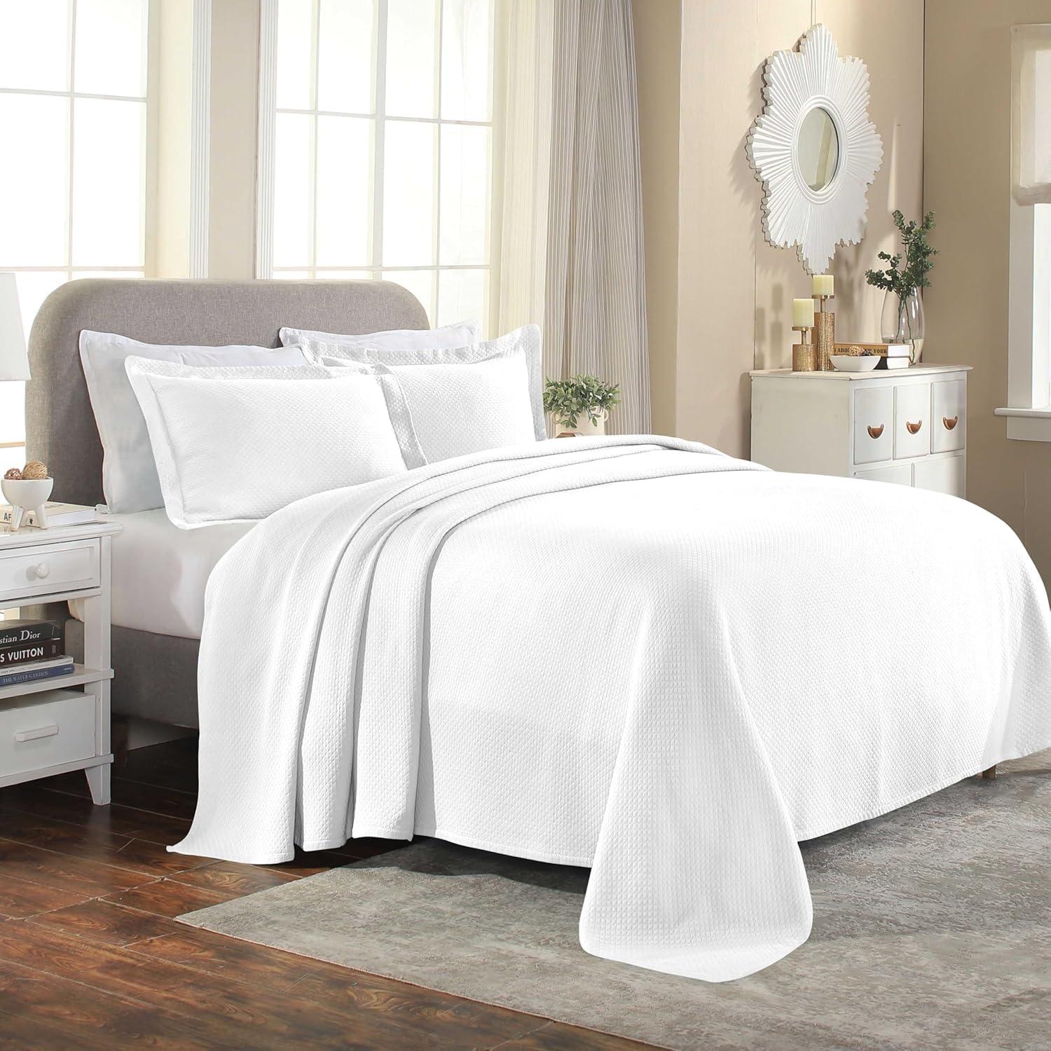 Superior Solitaire Cotton Decorative Bedspread and Sham Set, Queen, White