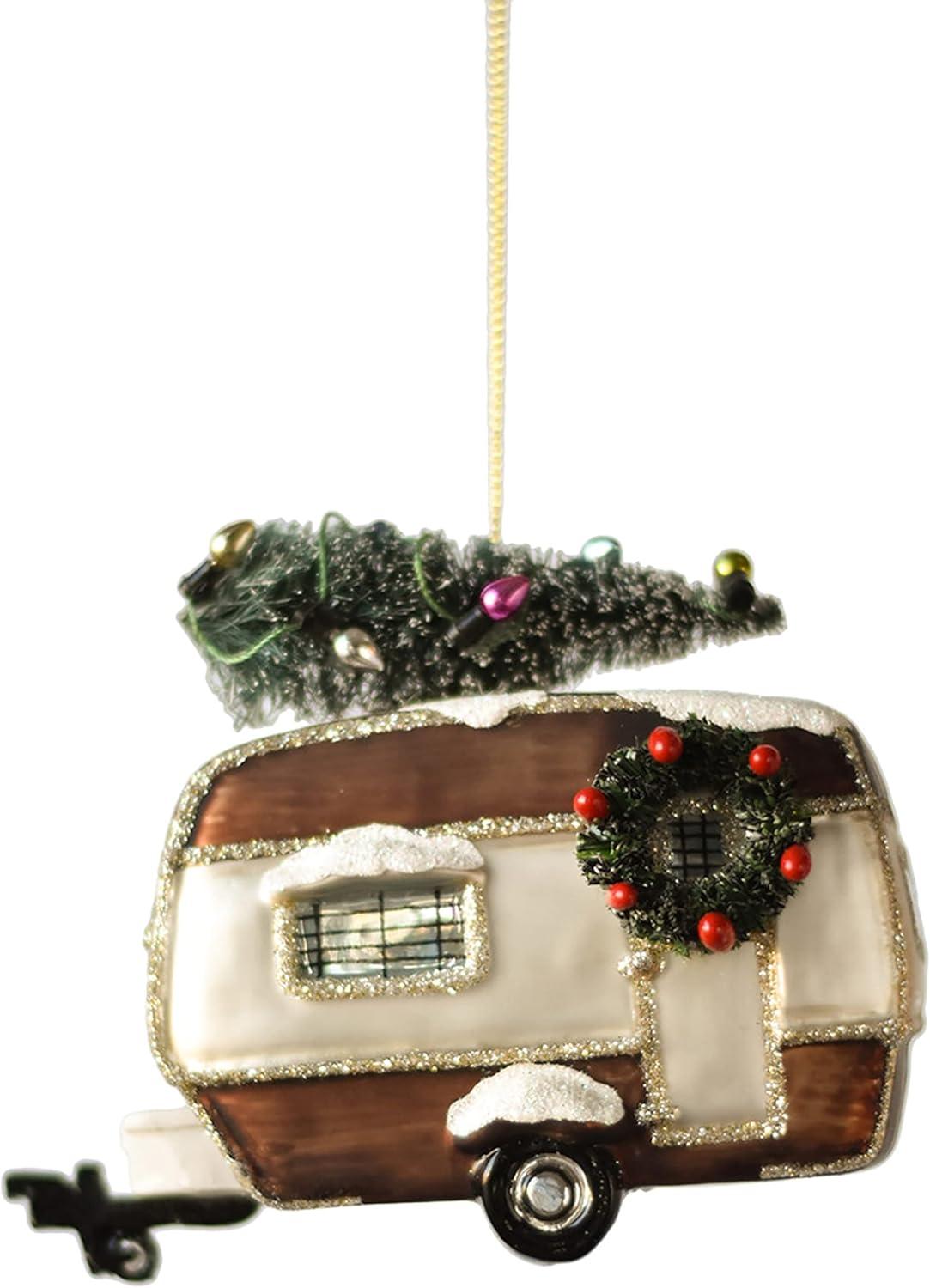 Festive Glass Camper Ornament with Christmas Tree