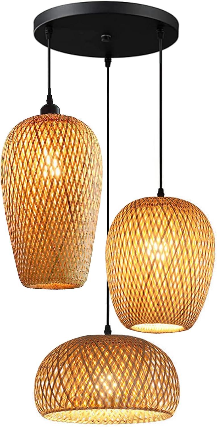 GCQ Bamboo Light Fixtures, 3 Headlights E26 E27 Retro Rustic Bamboo Wicker Rattan Chandelier Ceiling Hanging Light for Living Room Bedroom Farmhouse Restaurant Cafe Teahouse Bar Dining Room Club