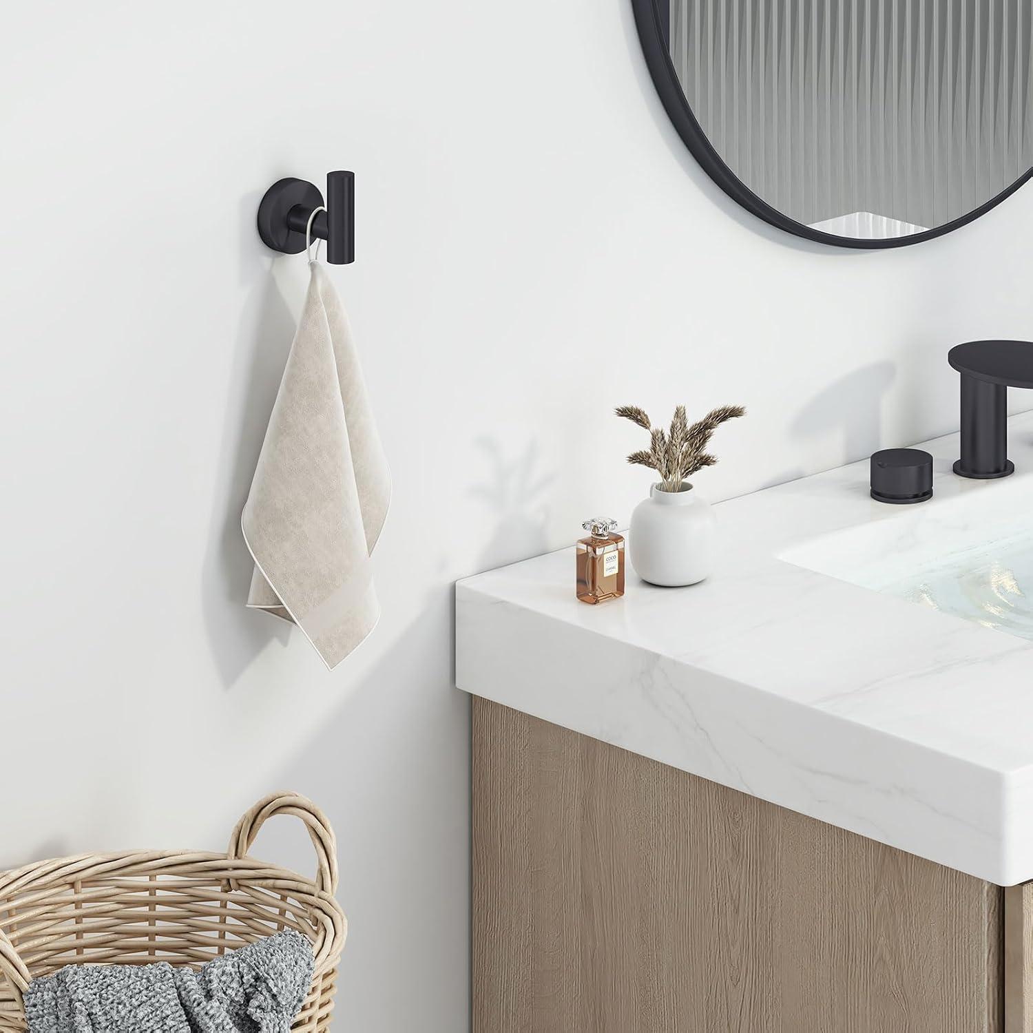 Angle Simple Matte Black Towel Hook 2 PCS, Stainless Steel Kitchen Bathroom Towel Holder, Round Coat Robe Hanger for Wall