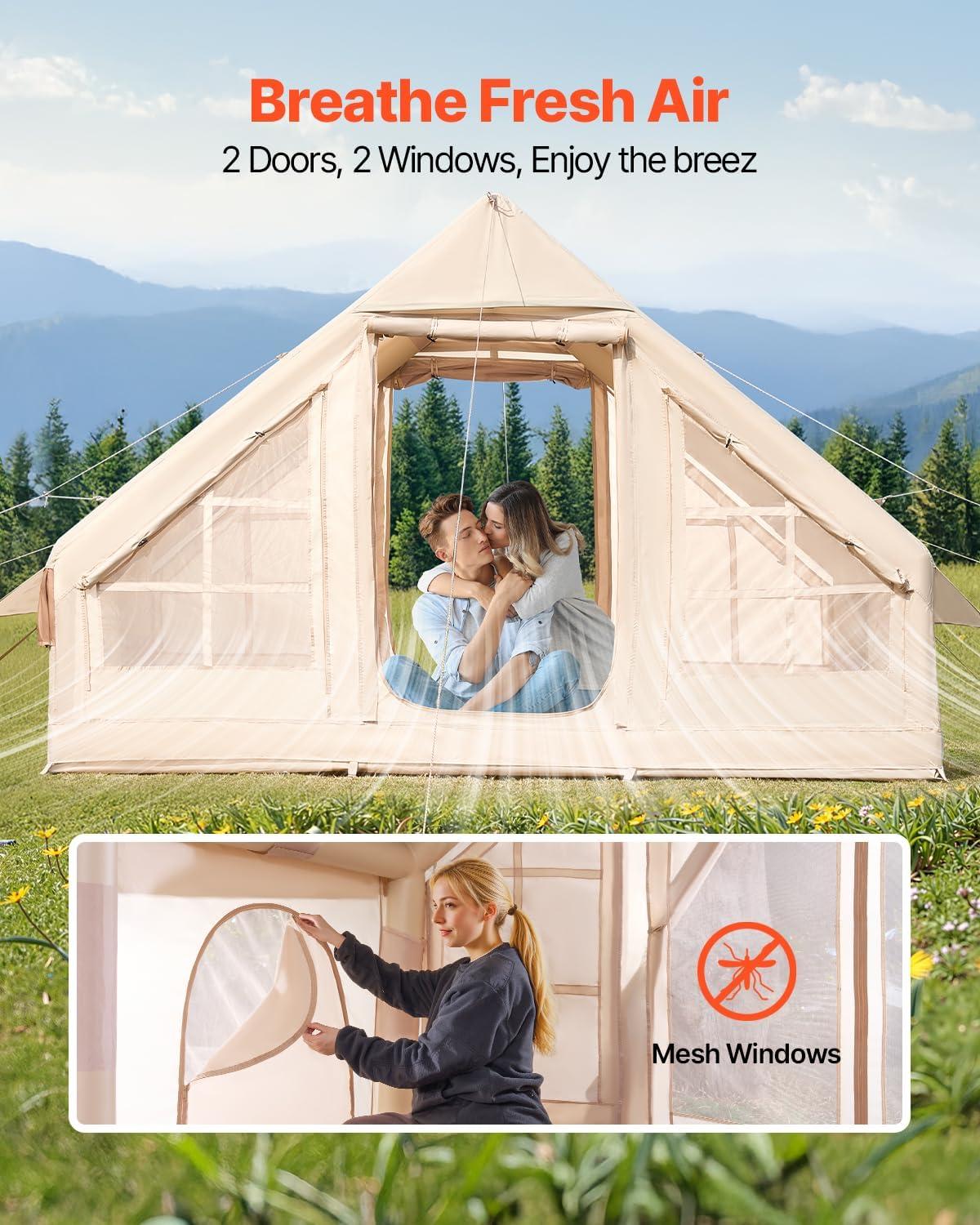 VEVOR Inflatable Tents for Camping, Easy Setup Blow up Tent with Hand Pump, 4 Season Glamping Tent with Stove Jack, Doors & Mesh Windows, Storage Bag Included for Easy Taking