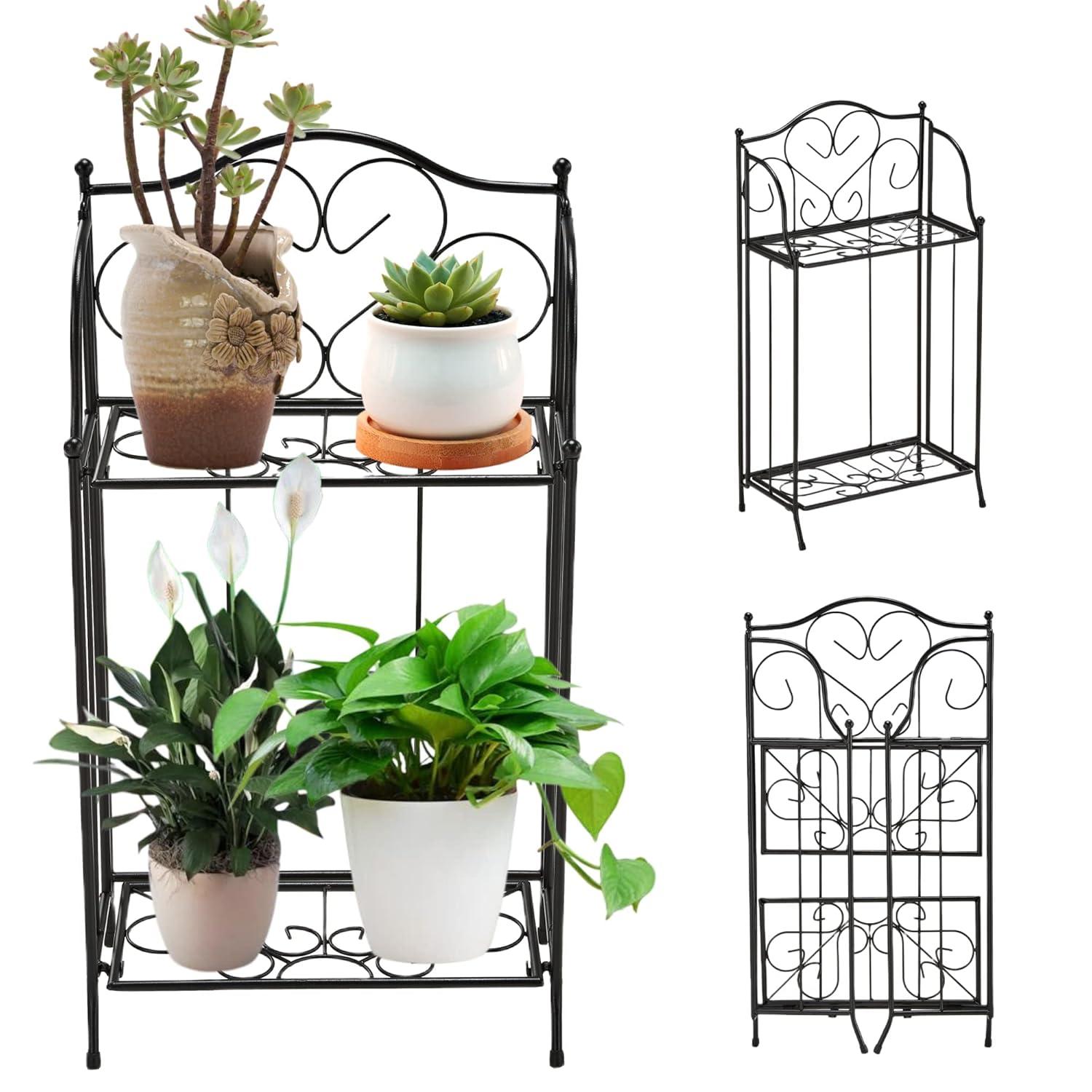 Yolafe Foldable 2 Tier Metal Plant Stand Scrollwork Design Indoor and Outdoor Flower Rack Pot Shelf Home Storage Organizer Shelf, Black