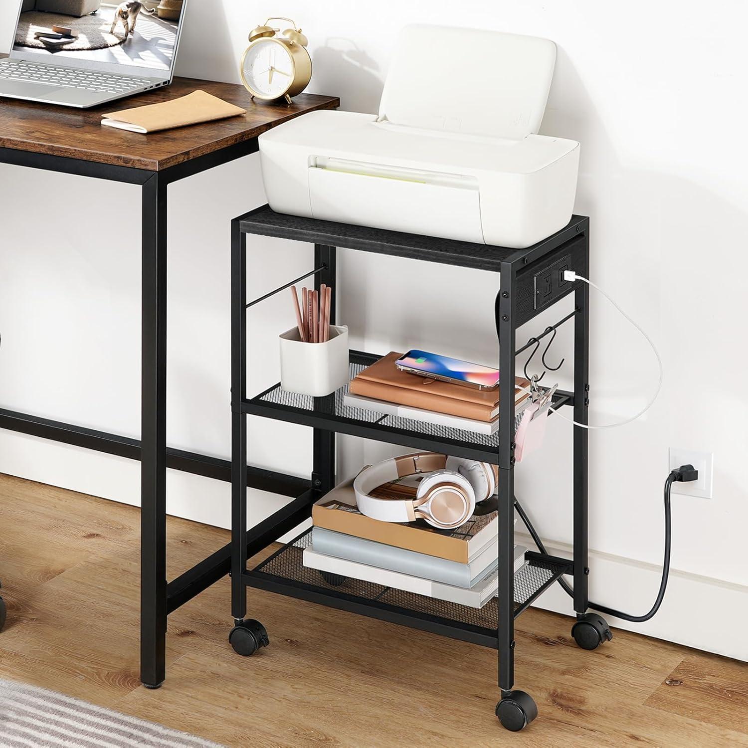 Greige and Black 3-Tier Industrial Mobile Printer Stand with Power Outlets