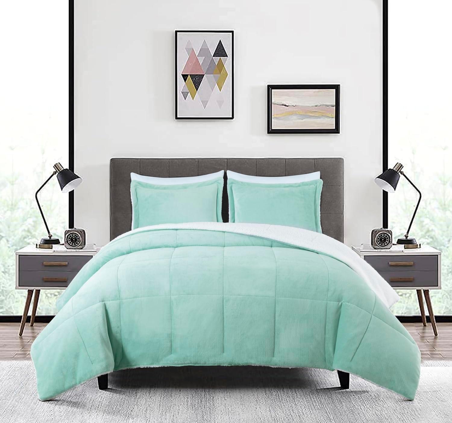 Aqua Reversible Micromink Sherpa Queen Comforter Set