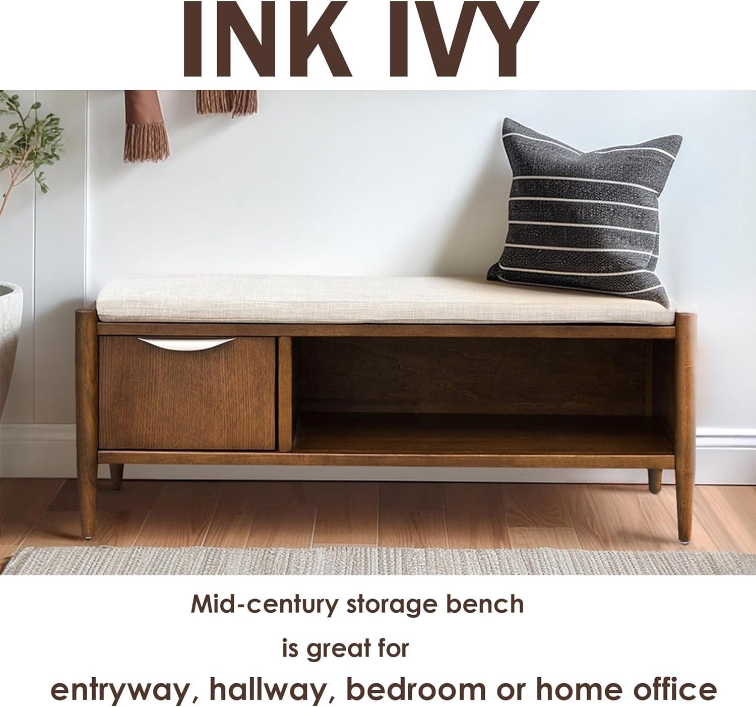 Ink+Ivy Arcadia Storage Bench: Mid-Century Modern, Removable Polyester Cushion, Wood Frame, Entryway Seating