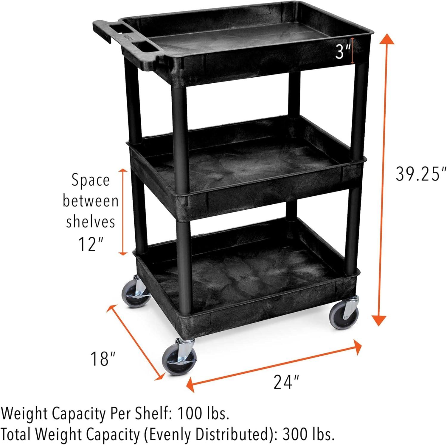 Black Plastic 3-Shelf Utility Cart with Swivel Wheels