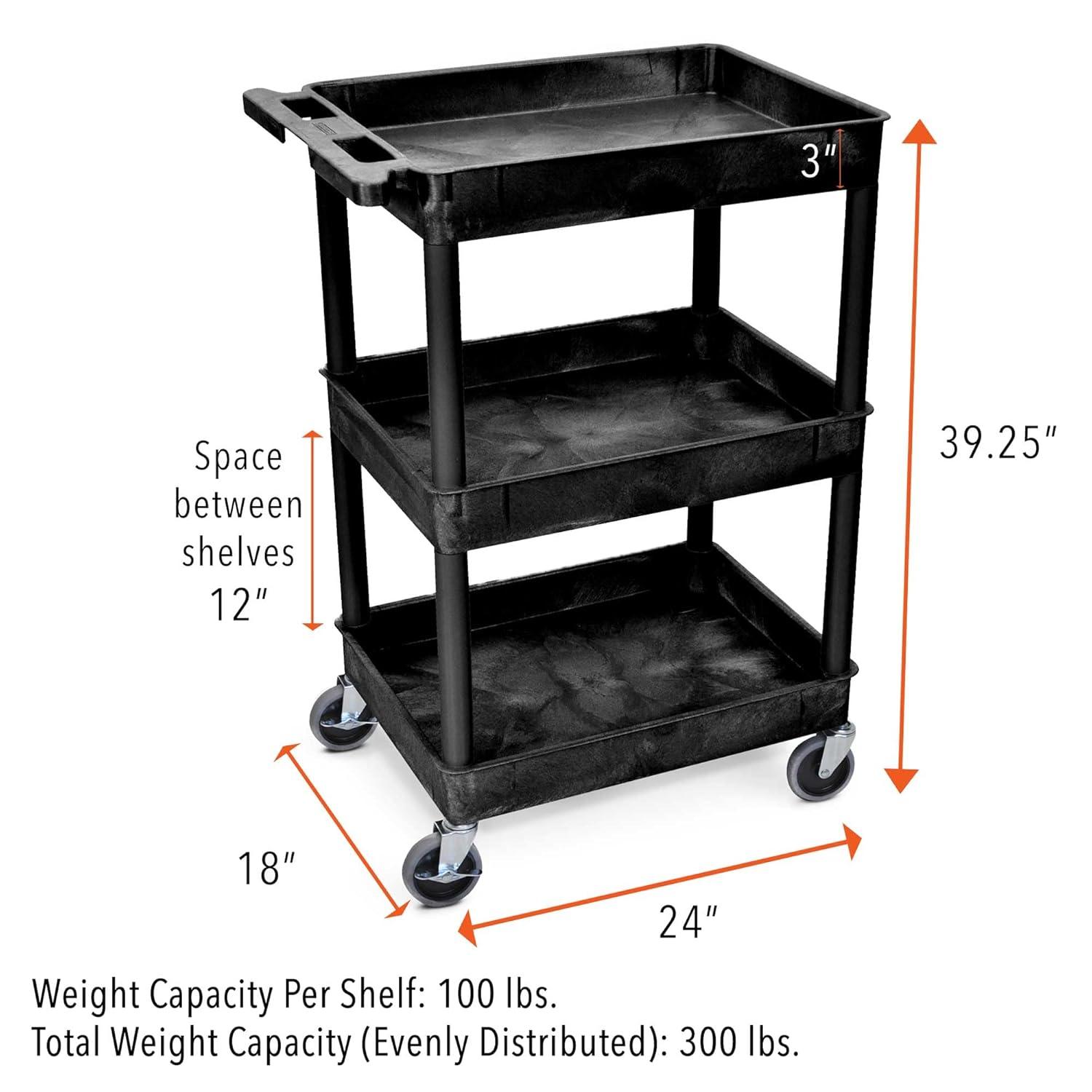 Tubstr Compact 3 Shelf Utility Cart | Heavy Duty Service Cart Supports up to 300 lbs! | Tub Cart with Deep Shelves | Great for Warehouse, Garage, Cleaning & More (3 Shelf/Black / 24 x 18)