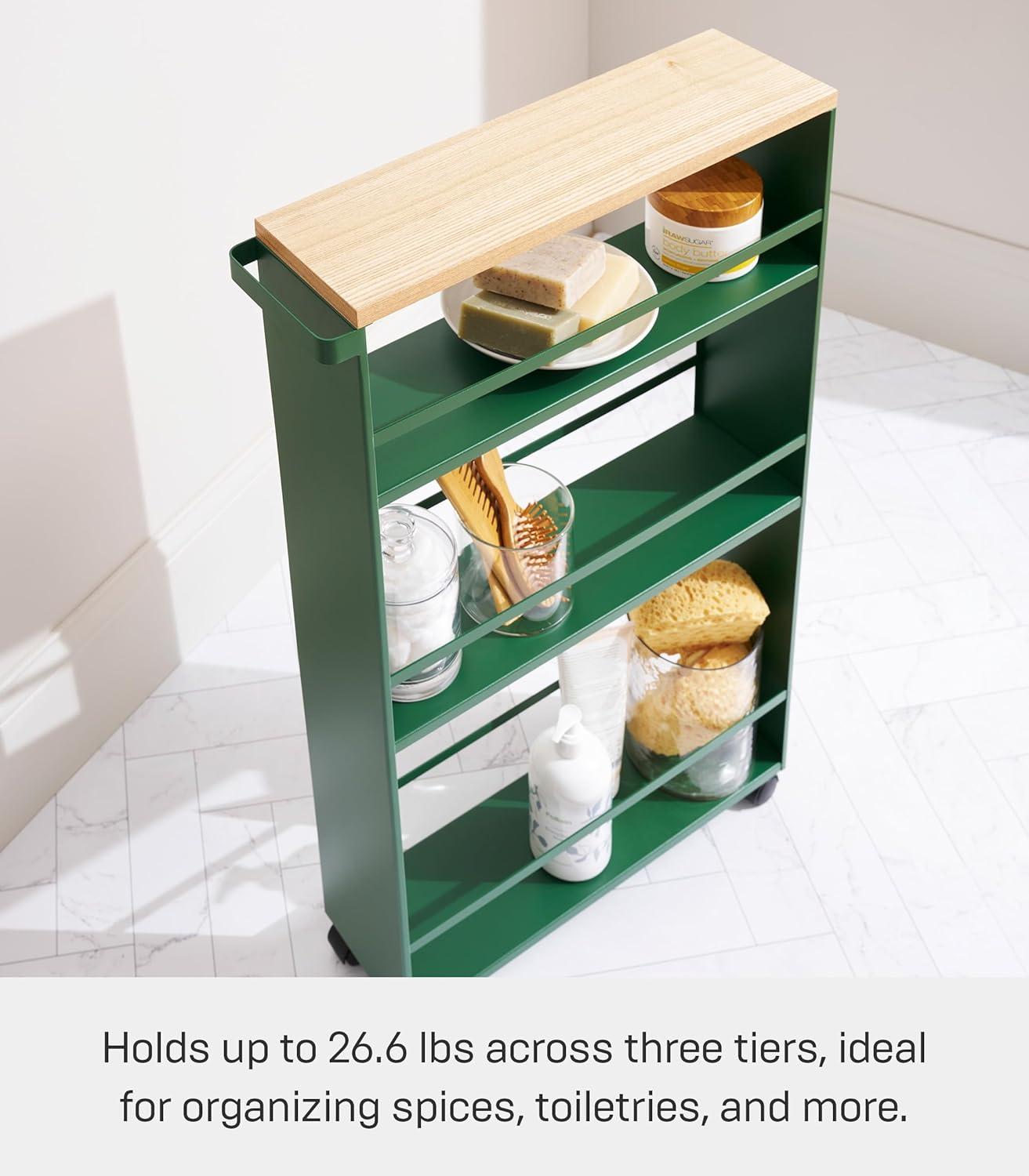 Tower Yamazaki Home Rolling Slim Storage Three Tier Utility Cart With Handle, Steel, Handle, Wheels