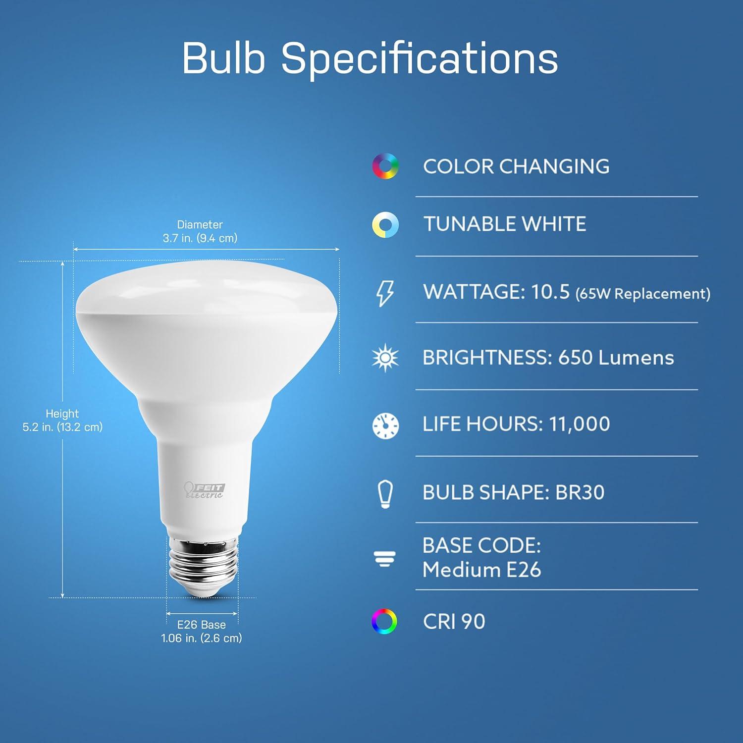 Feit Electric Smart LED Bulb 65W Equivalent Full Color/Tunable White, BR30, Med E26 Base, Dimmable
