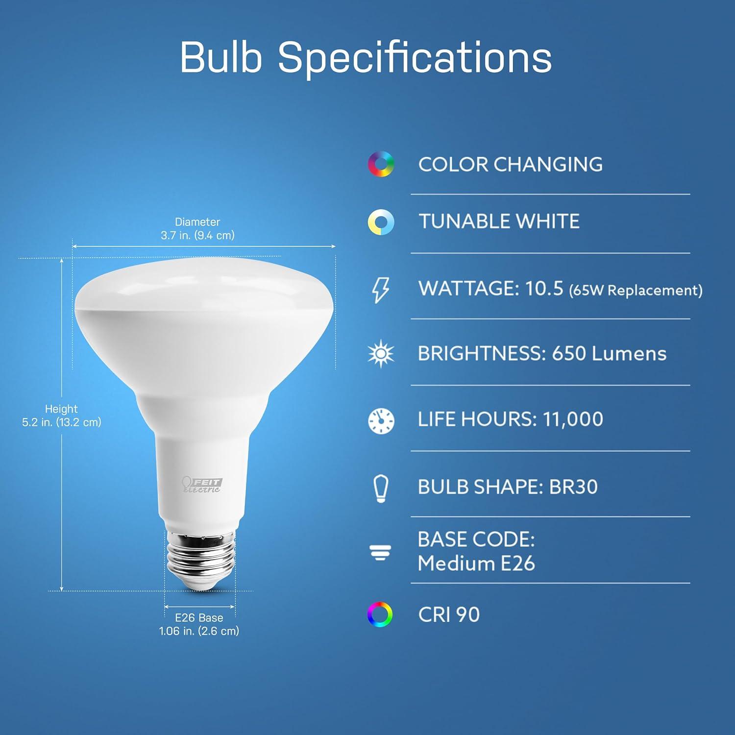 Feit Electric Smart LED Bulb 65W Equivalent Full Color/Tunable White, BR30, Med E26 Base, Dimmable
