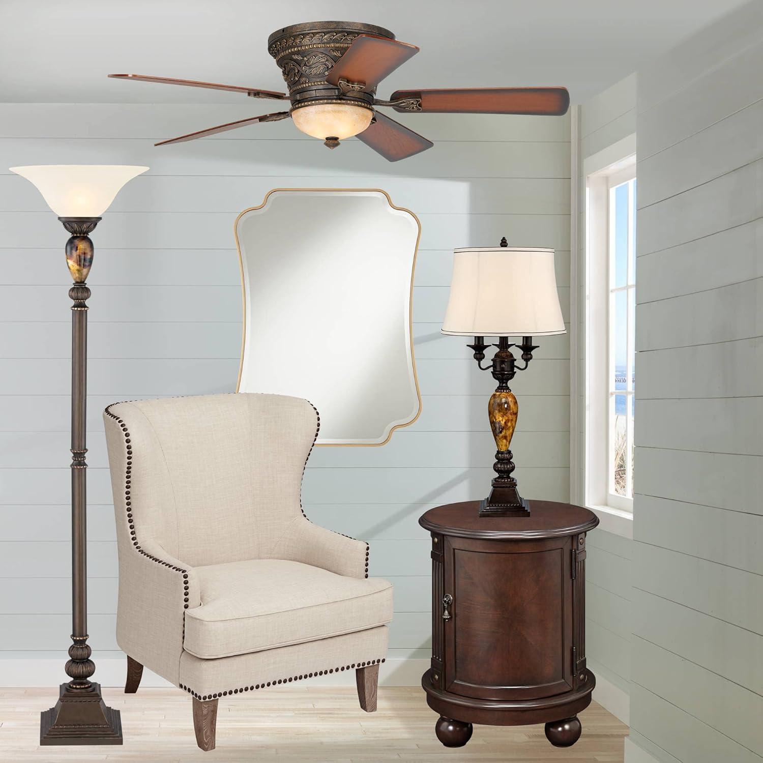 52" Bronze Flush Mount Ceiling Fan with LED Light and Remote