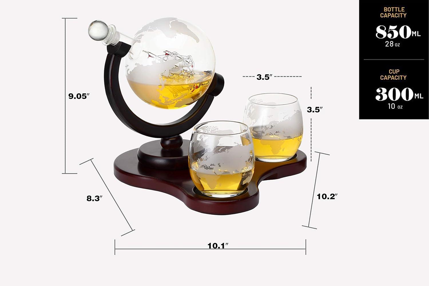 Handcrafted Glass Globe Whiskey Decanter Set with Mahogany Stand