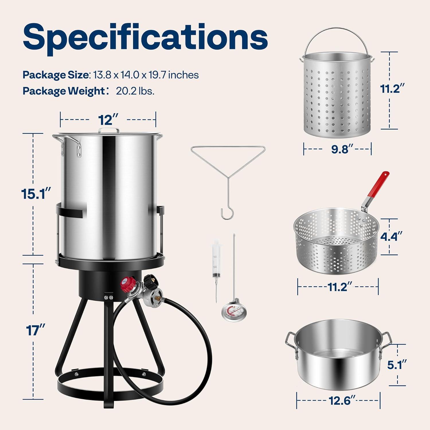 Outvita 30 Qt Turkey Deep Fryer & 10QT Fish Fryer Kit w/Baskets,Aluminum Fish & Seafood Boiler Steamer with 54,000 BTU Propane Gas Burner Stand Injector Thermometer Hose, Ideal for Outdoor Fry