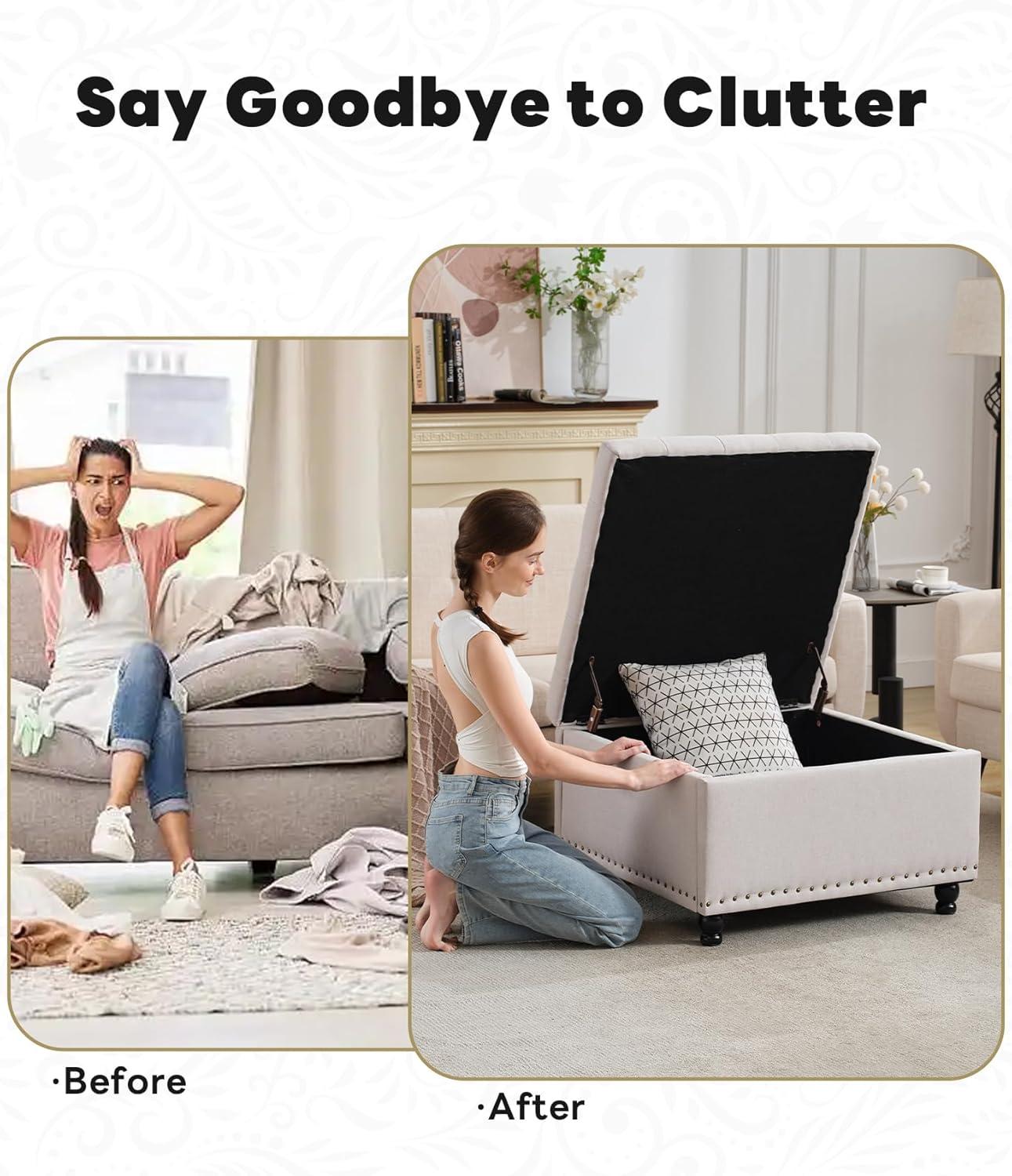 Tbfit Large Square Storage Ottoman Bench, Botton Tufted Upholstered Coffee Table with Wooden Legs, Oversized Storage Ottomans Toy Box Footrest for Living Room, Apartment, Beige