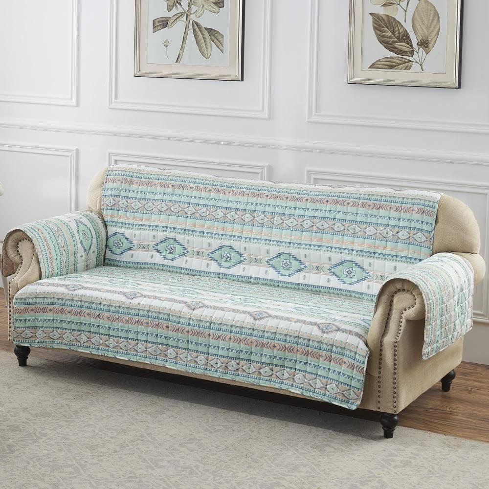 Reversible Phoenix Sofa Furniture Protector Slipcover Turquoise - Greenland Home Fashions: Pet-Friendly, Machine Washable