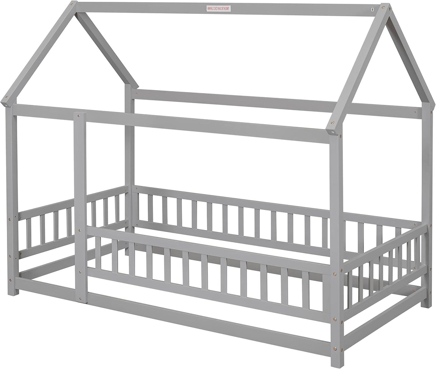 Twin Floor Bed for Kids, Wooden House Bed Frame with Roof, Fence Guardrails, Montessori Bed for Toddlers Girls Boys, Gray