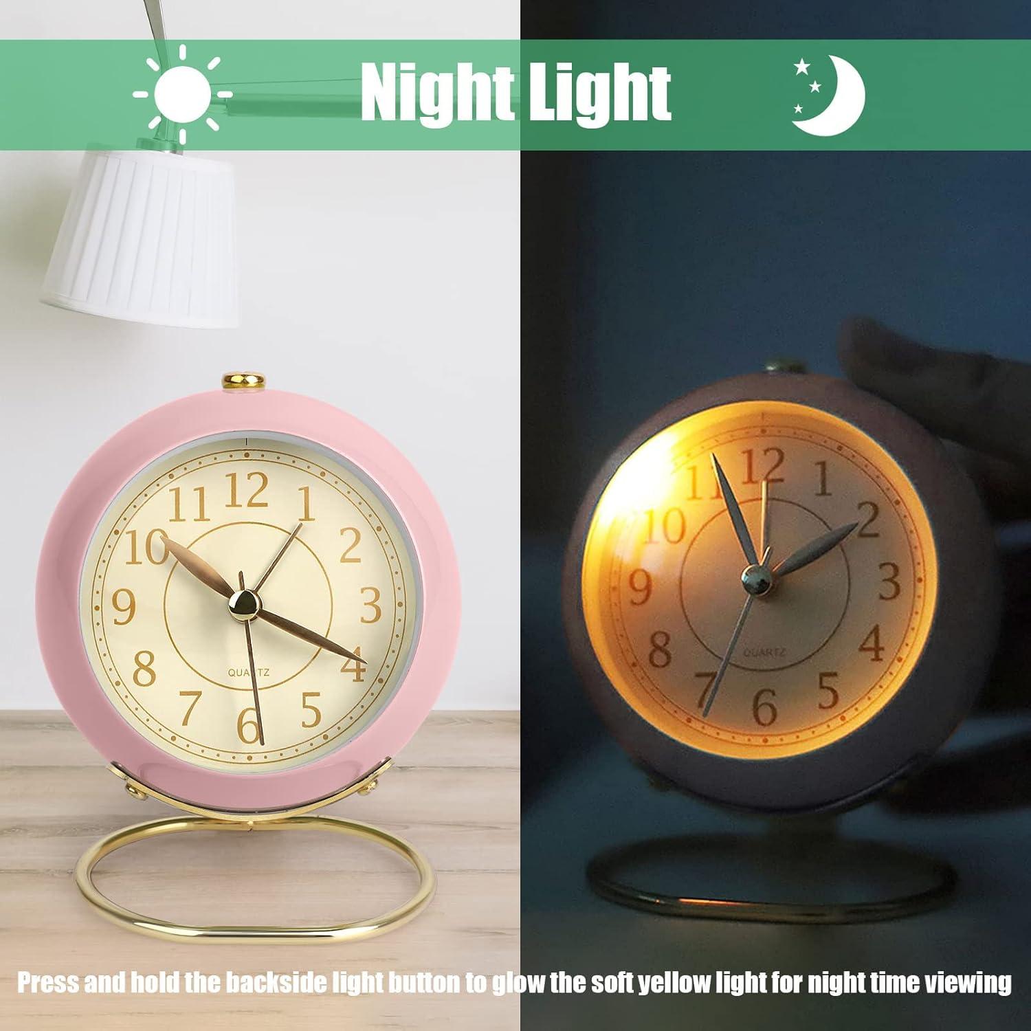 Small Table Clocks, Classic Non-Ticking Tabletop Alarm Clock With Backlight, Battery Operated Desk Astronaut Clock With Hd Glass For Living Room Bedroom Bedside Indoor Decor (Pink)