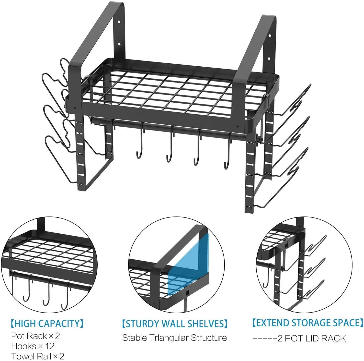 Pot Racks Wall Mounted Set of 2,with Towel Bar and Pots Pans Lids Organizer, Kitchen Cookware Hanging Shelves with 12 Hooks, Black