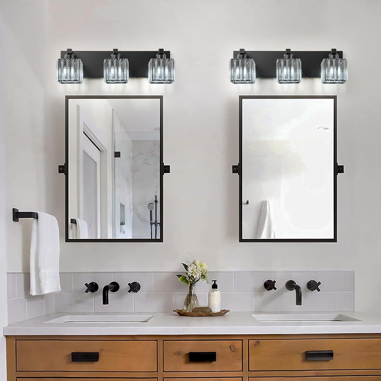 Black Metal 3-Light Vanity Fixture with Crystal Cube Shades