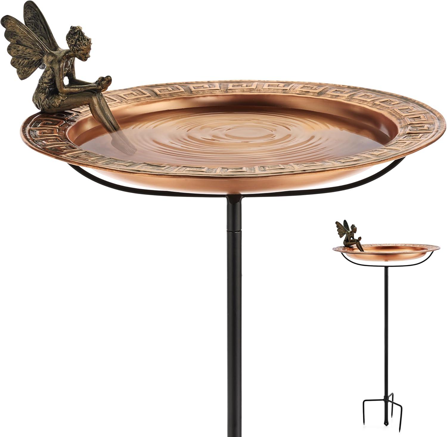 18" Copper Greek Bird Bath with Fairy and Garden Stake