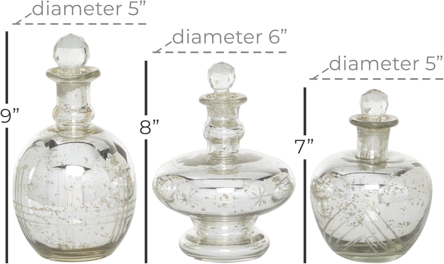 DecMode 8", 9", 7"H Silver Glass Decorative Jars with Crystal Stoppers, 3-Pieces