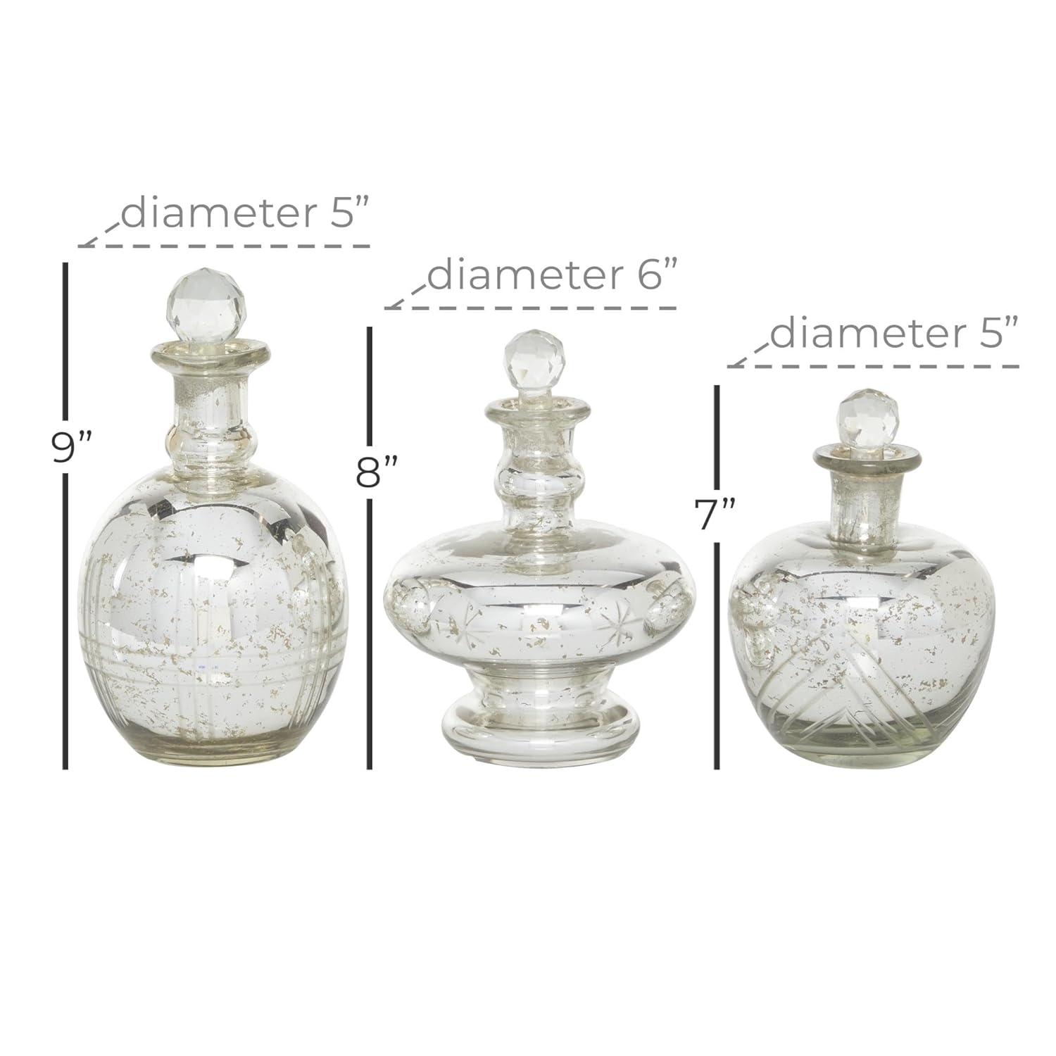 DecMode 8", 9", 7"H Silver Glass Decorative Jars with Crystal Stoppers, 3-Pieces