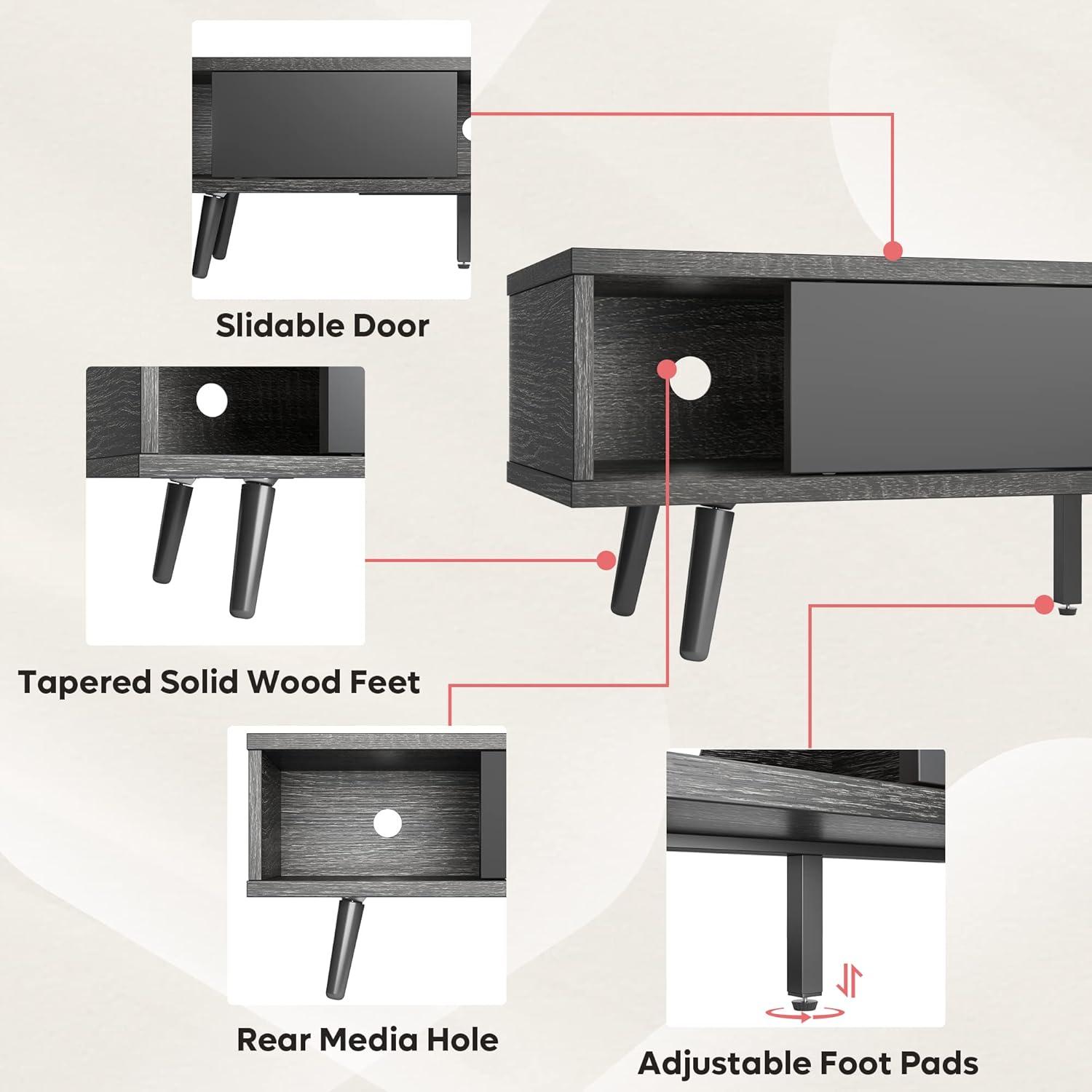 Charcoal Black 70" Mid Century Modern TV Stand with Sliding Doors