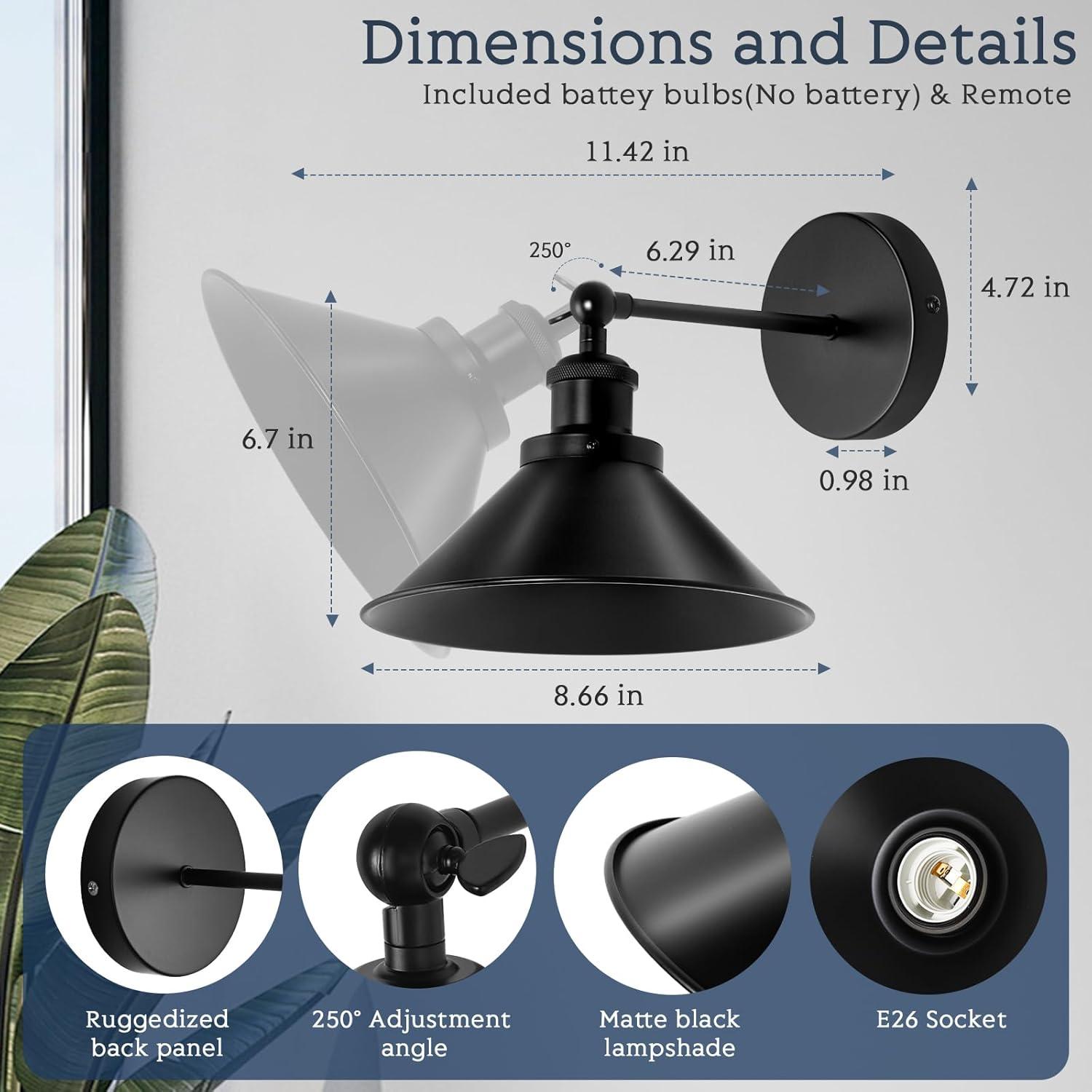 Battery Operated Wall Sconce Decor Set of 2, Black Wireless Wall Sconces with Remote, Dimmable Vintage Led Wall Lights, Wall Lamp for Bedroom Farmhouse Gallery