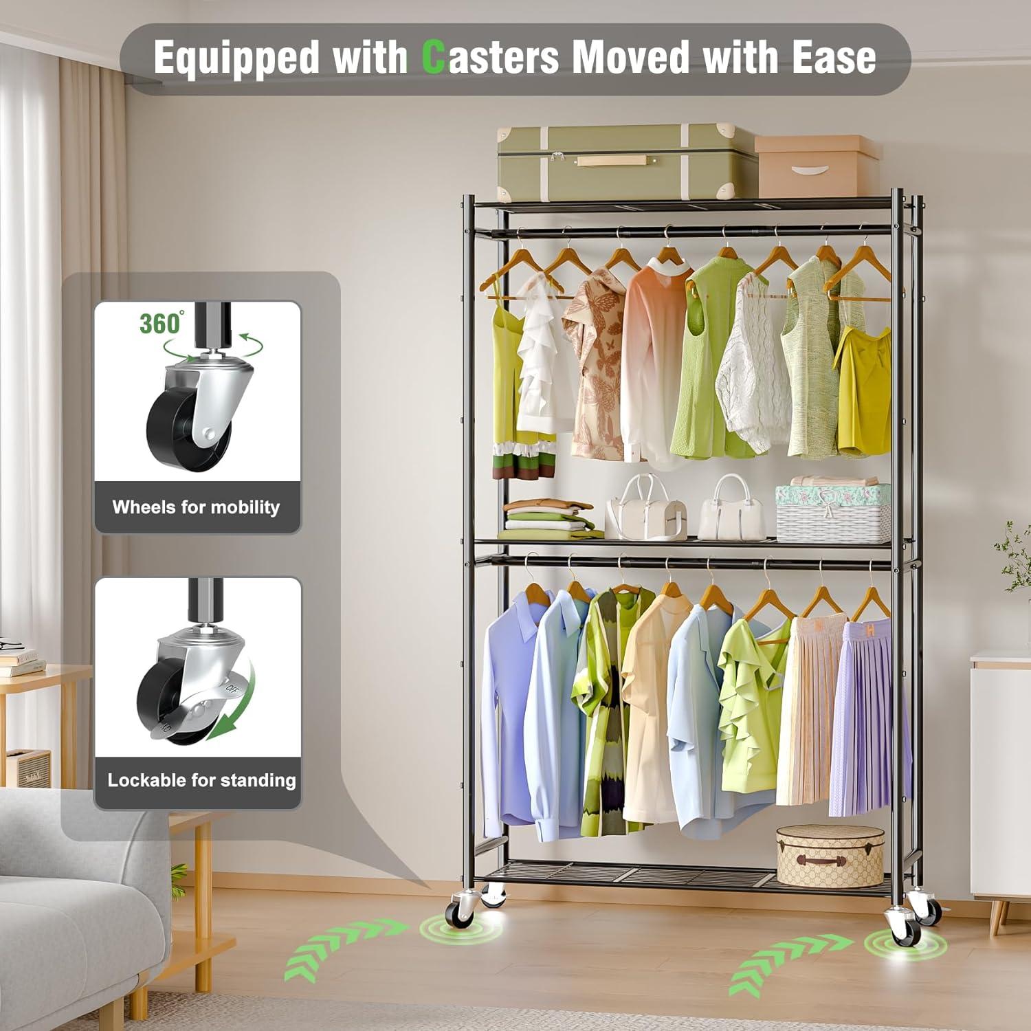 3 Tiers Rolling Clothes Rack With Wheels, Hanging Rods And Side Hooks