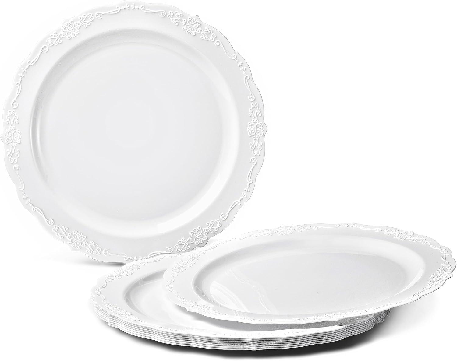 " OCCASIONS " 320 Piece set (40 Guests)-Vintage Wedding Party Disposable Plastic Plates & cutlery -40 x 10'' + 40 x 7.5'' + Silverware + 12oz Cups + Napkins (Verona White)