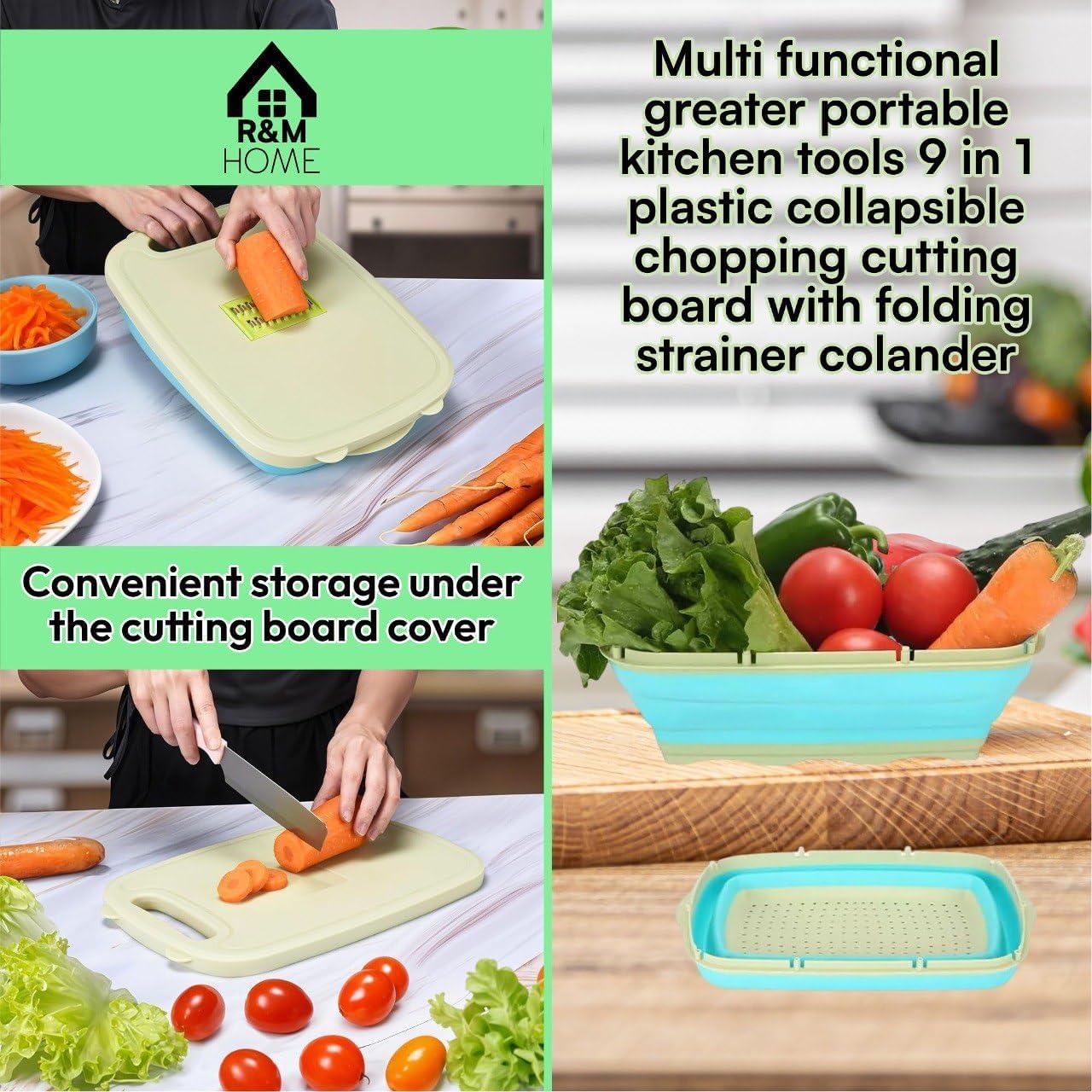 R&M HOME Green Plastic Multi-Functional Folding Cutting Board, 9-in-1 with Grating, Chopping, Slicing, Cutting, and Washing Functions for Vegetables and Fruits, Knife-Safe, Perfect for Kitchen.