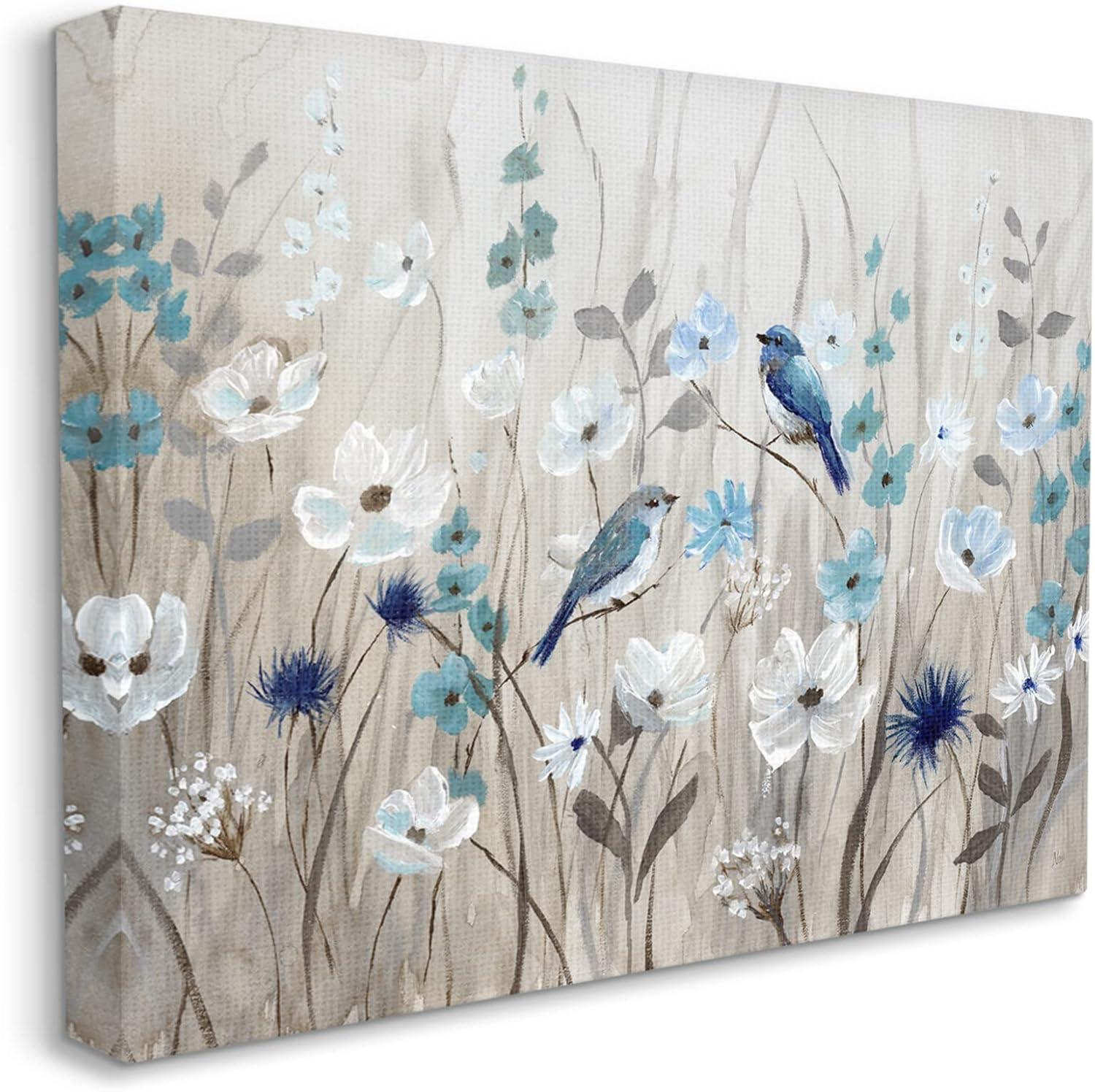 Stupell Industries Birds Floral Meadow Blue White Blossoms , 48 x 36, Design by Nan