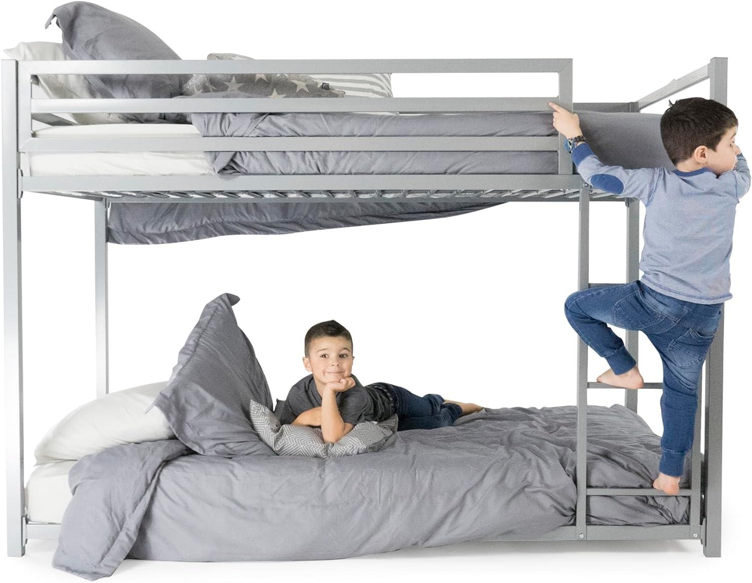 DHP Miles Low Bunk Bed for Kids, Twin Over Twin, Silver