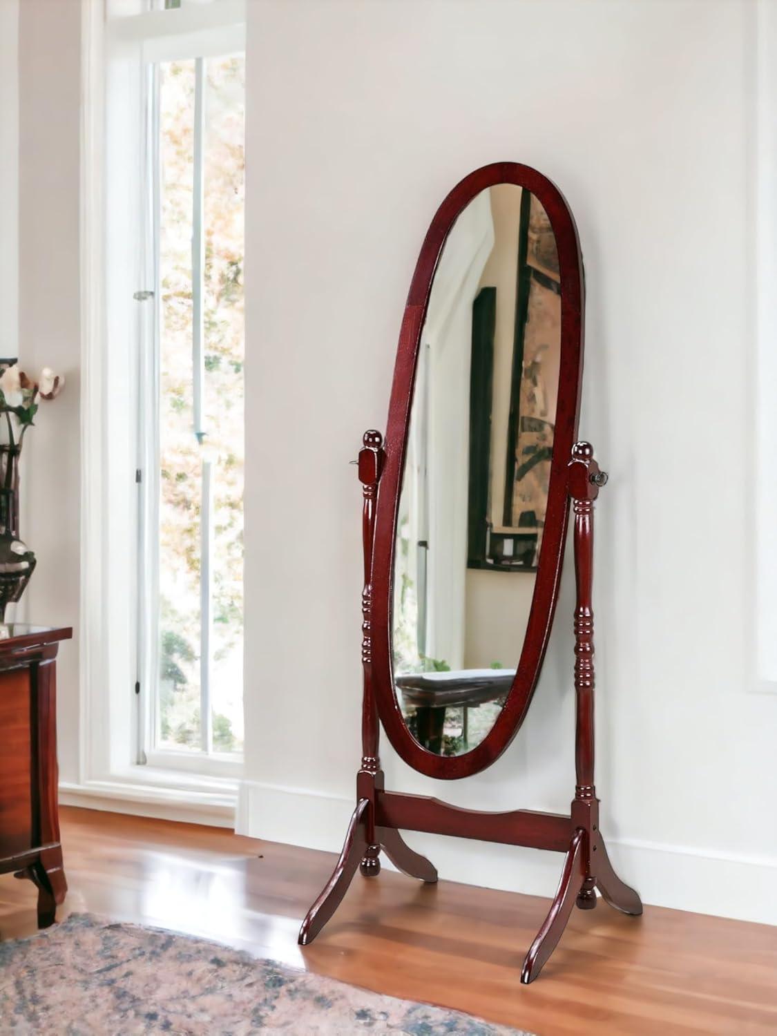 Roundhill Furniture Traditional Queen Anna Style Wood Floor Cheval Mirror Cherry