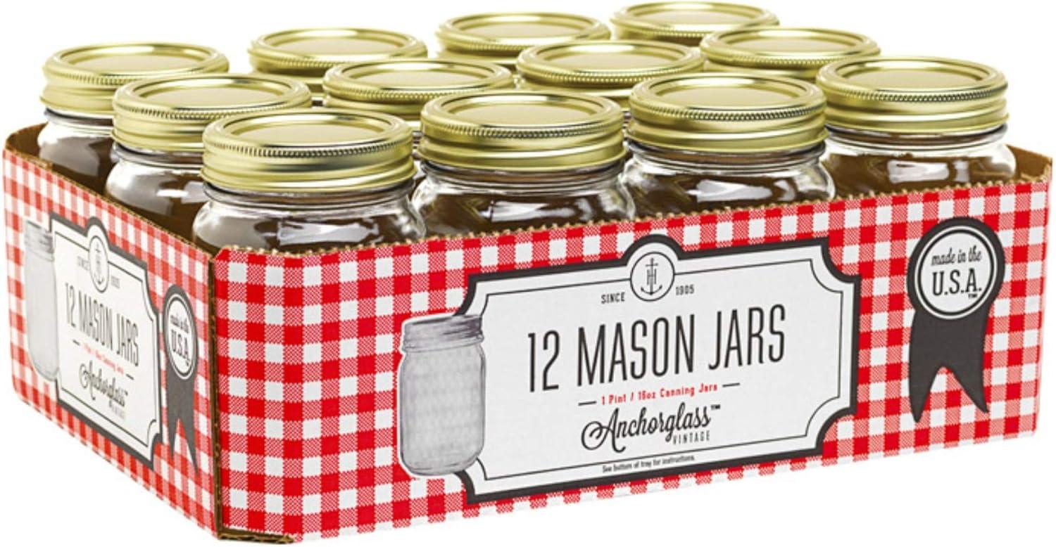 Clear 1 Pint Glass Canning Jars with Metal Lids, Set of 12