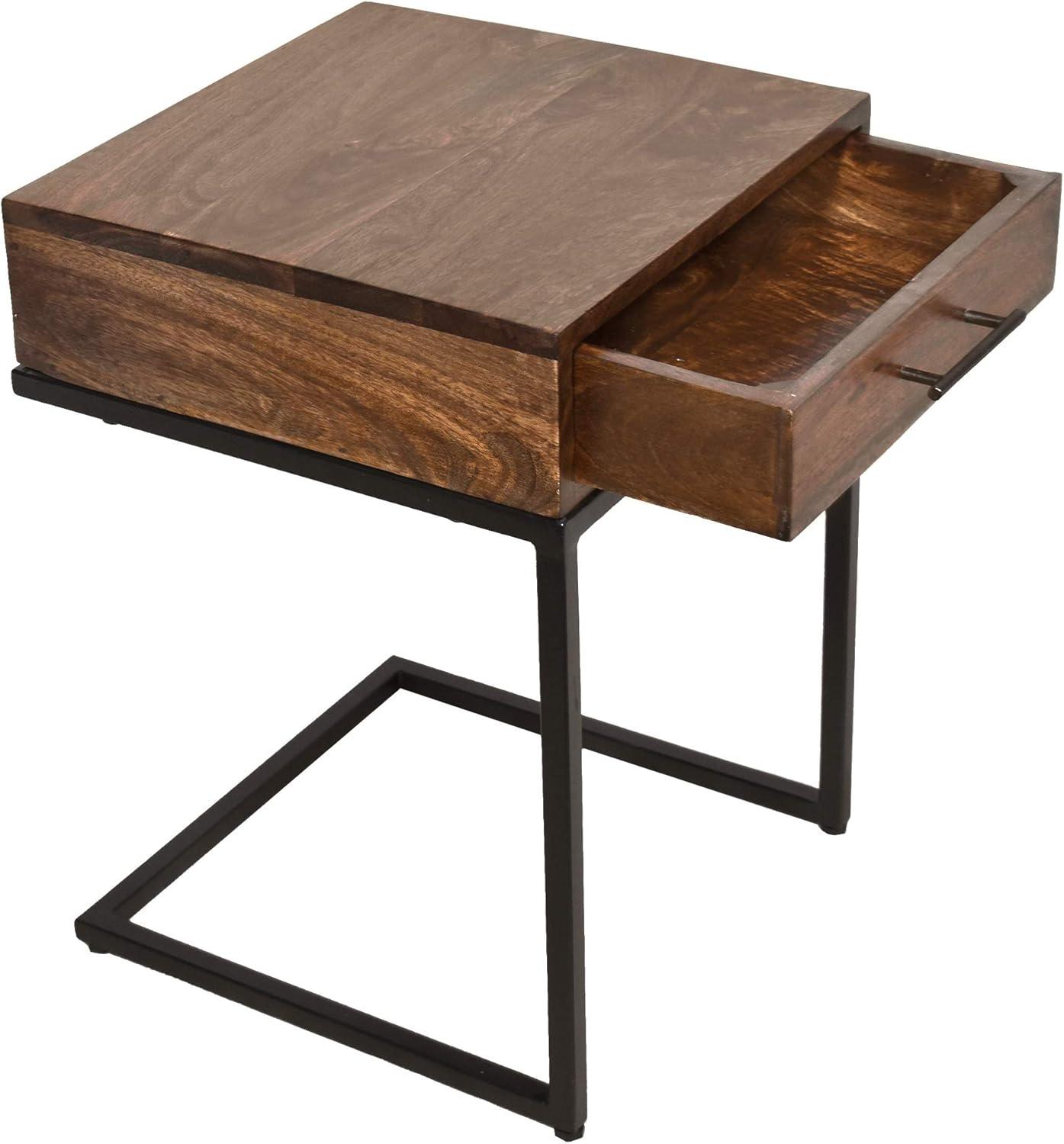 Brown Mango Wood Side Table with Black Iron Base and Drawer