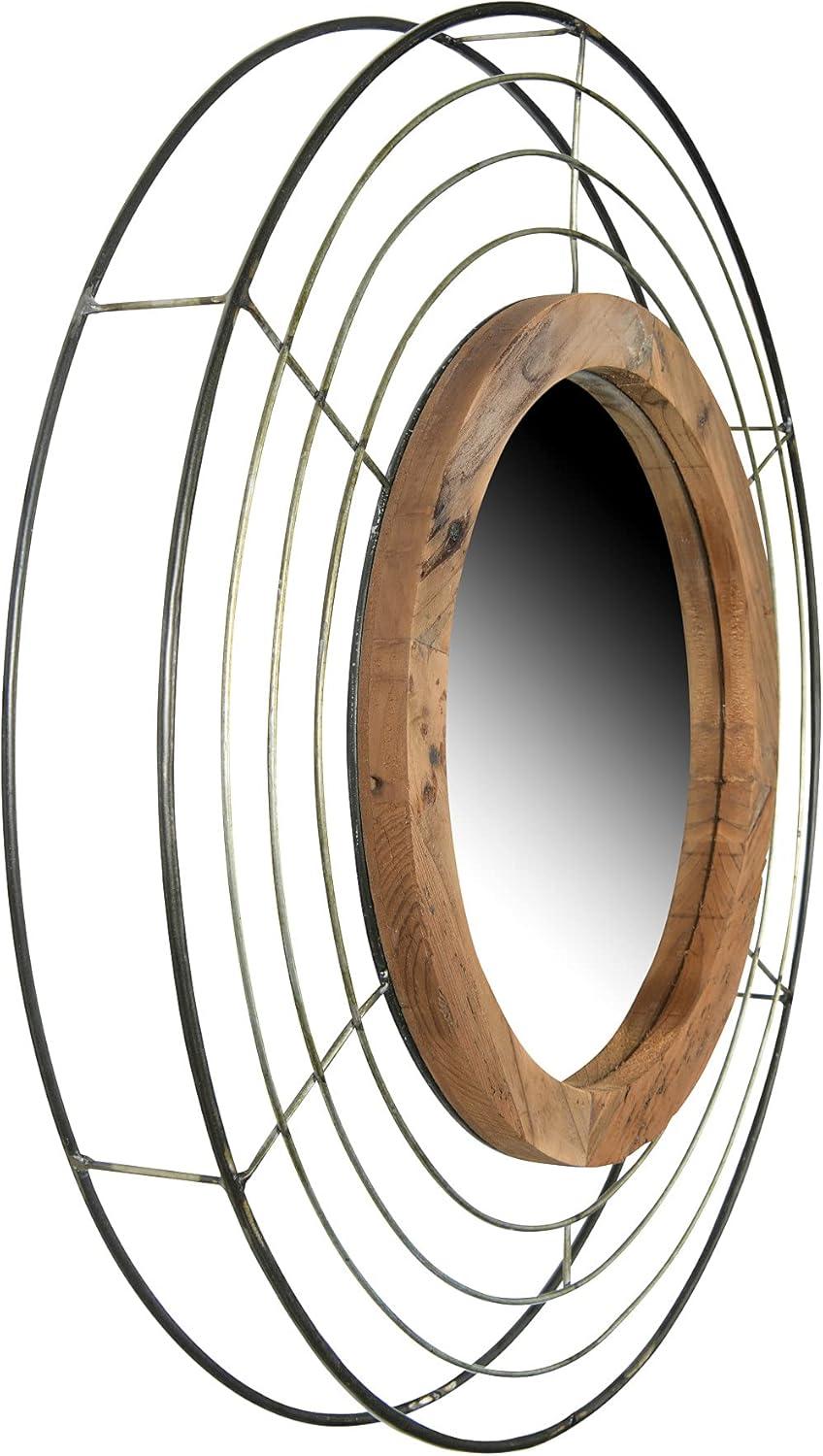 Round 23.63" Wood Frame and Metal Wire Decorative Wall Mirror