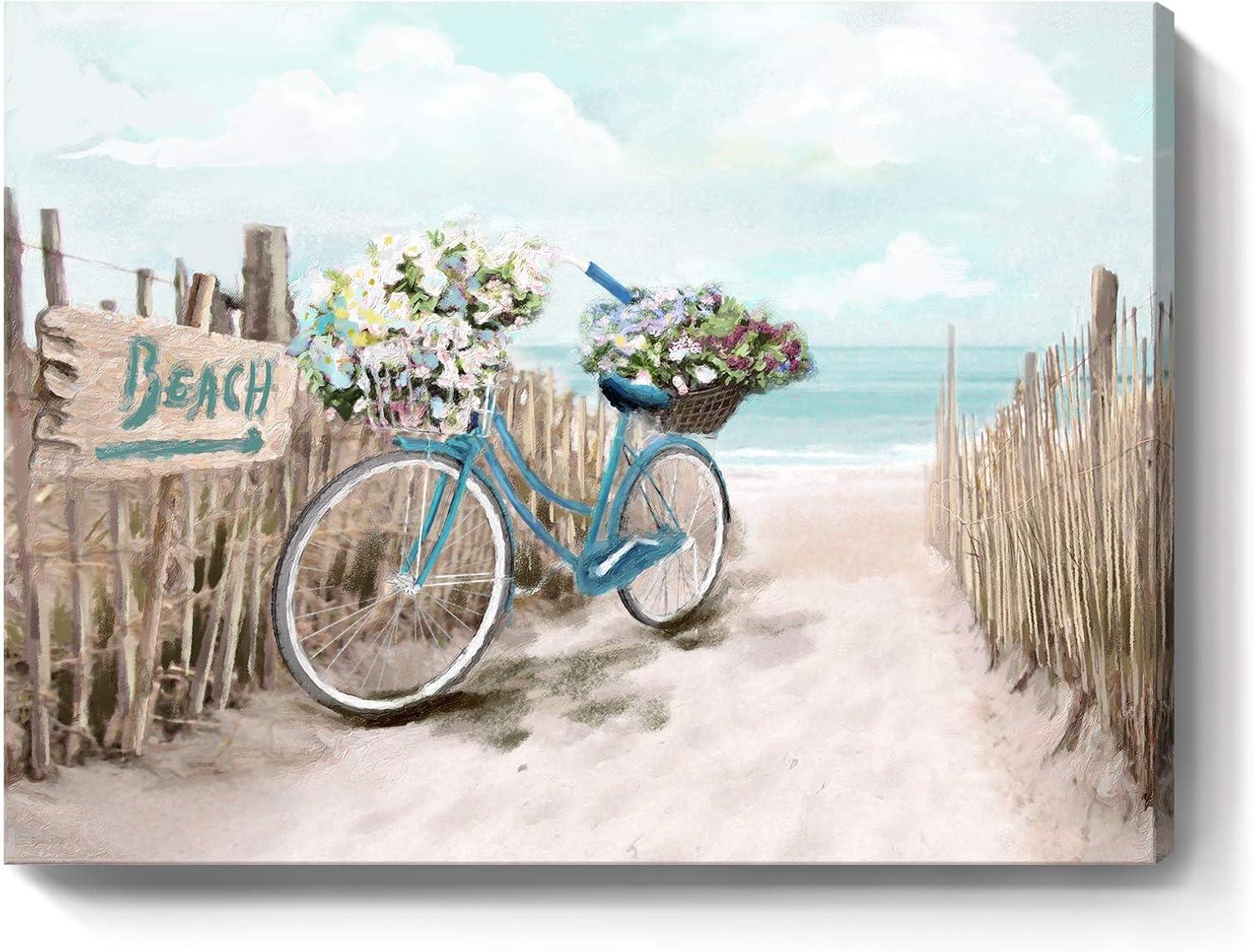 Beach Canvas Wall Art for Bathroom Ocean Pictures Seaside Bicycle Canvas Print Seascape Painting Framed Teal Aqua Blue Calming Shoreside Artwork for Modern Coastal Themed Lake Home Bedroom Décor Ready