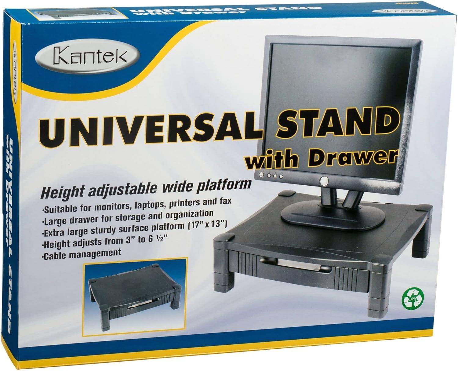 Kantek MS420 Height-Adjustable Stand with Drawer, 17 x 13 1/4 x 3 to 6 1/2, Black