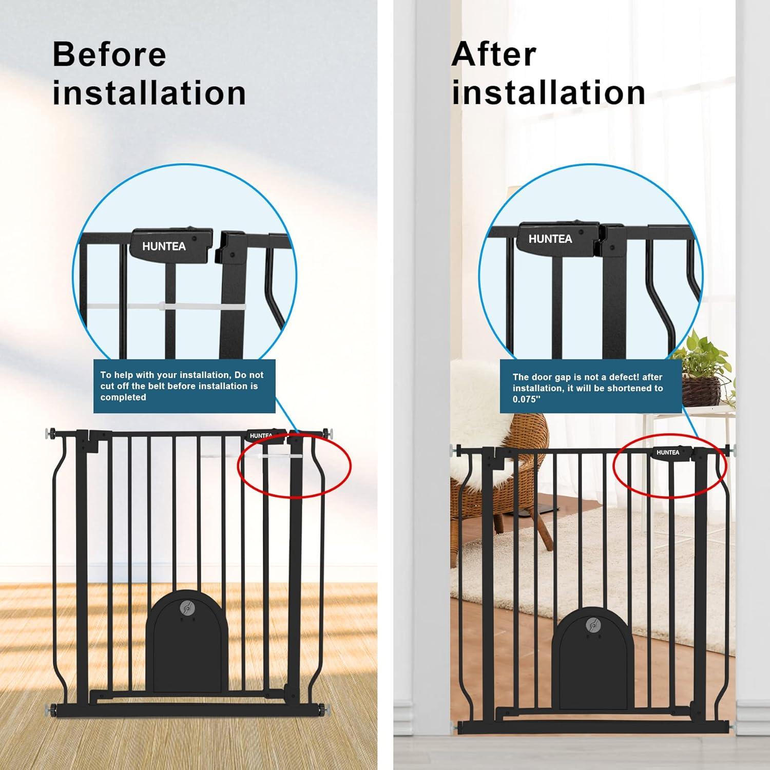 Baby Gates with Cat Door - Auto Close 29.5"-48.4" Safety Metal Dog Pet Gate for Doorway, Stairs, House, Walk Through Child Gate with Pet Door, includes 4 Wall Cups and 2 Extension Pieces