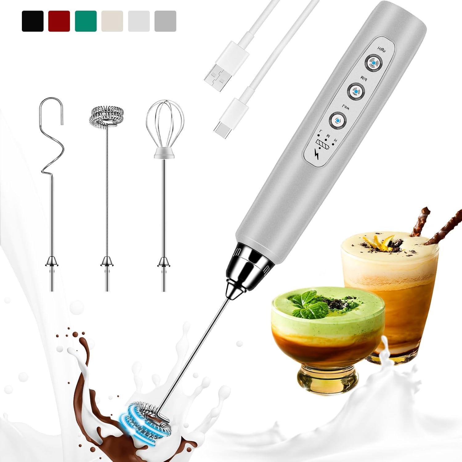 Silver Rechargeable Handheld Milk Frother with 3 Whisks