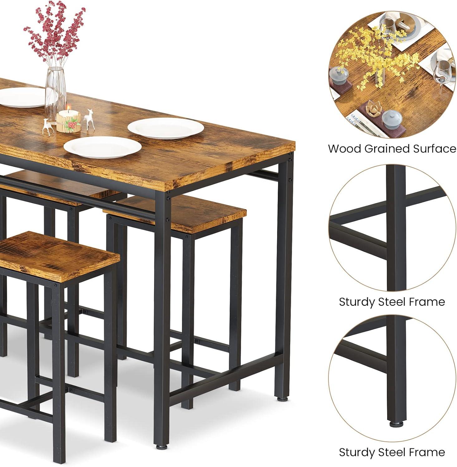 Counter Height Bar Table Set, 5 Piece Dining Table Set, Modern Pub Table with 4 Stools, Home Dining Table and Stools Set, 4-Person Kitchen Breakfast Table Set, Rustic Brown, D8995