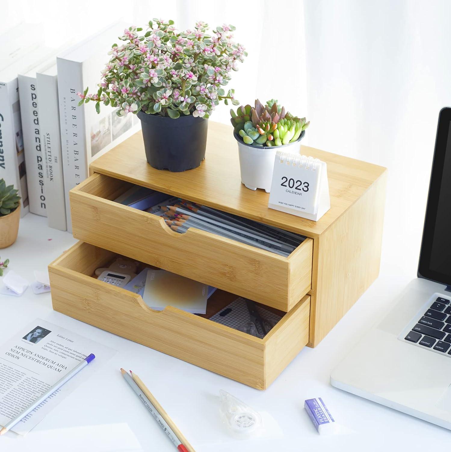 Natural Bamboo 2-Drawer Desk Organizer for Home and Office