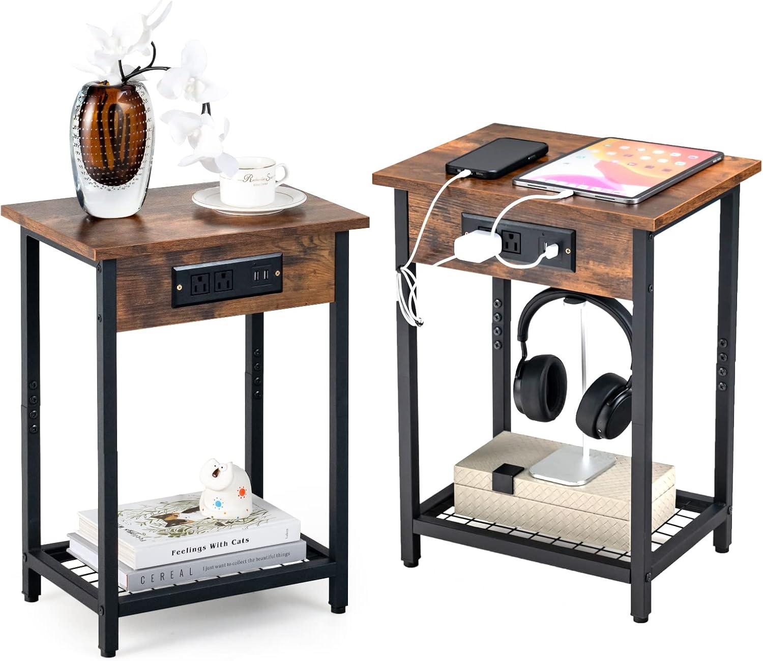 Costway Set of 2 End Tables with Charging Station Industrial Bed Side Table with AC Outlets & USB Port Rustic Brown