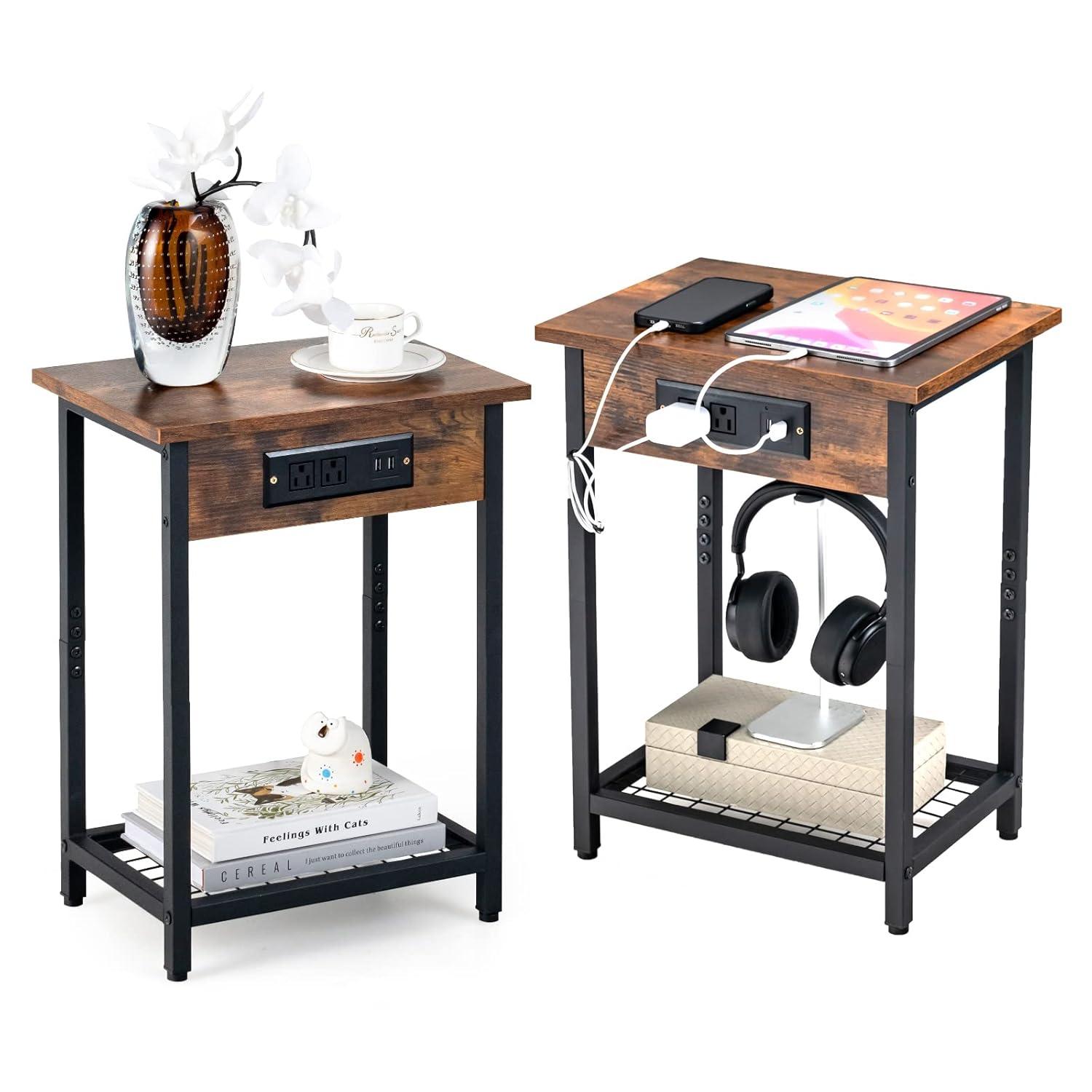 Costway Set of 2 End Tables with Charging Station Industrial Bed Side Table with AC Outlets & USB Port Rustic Brown