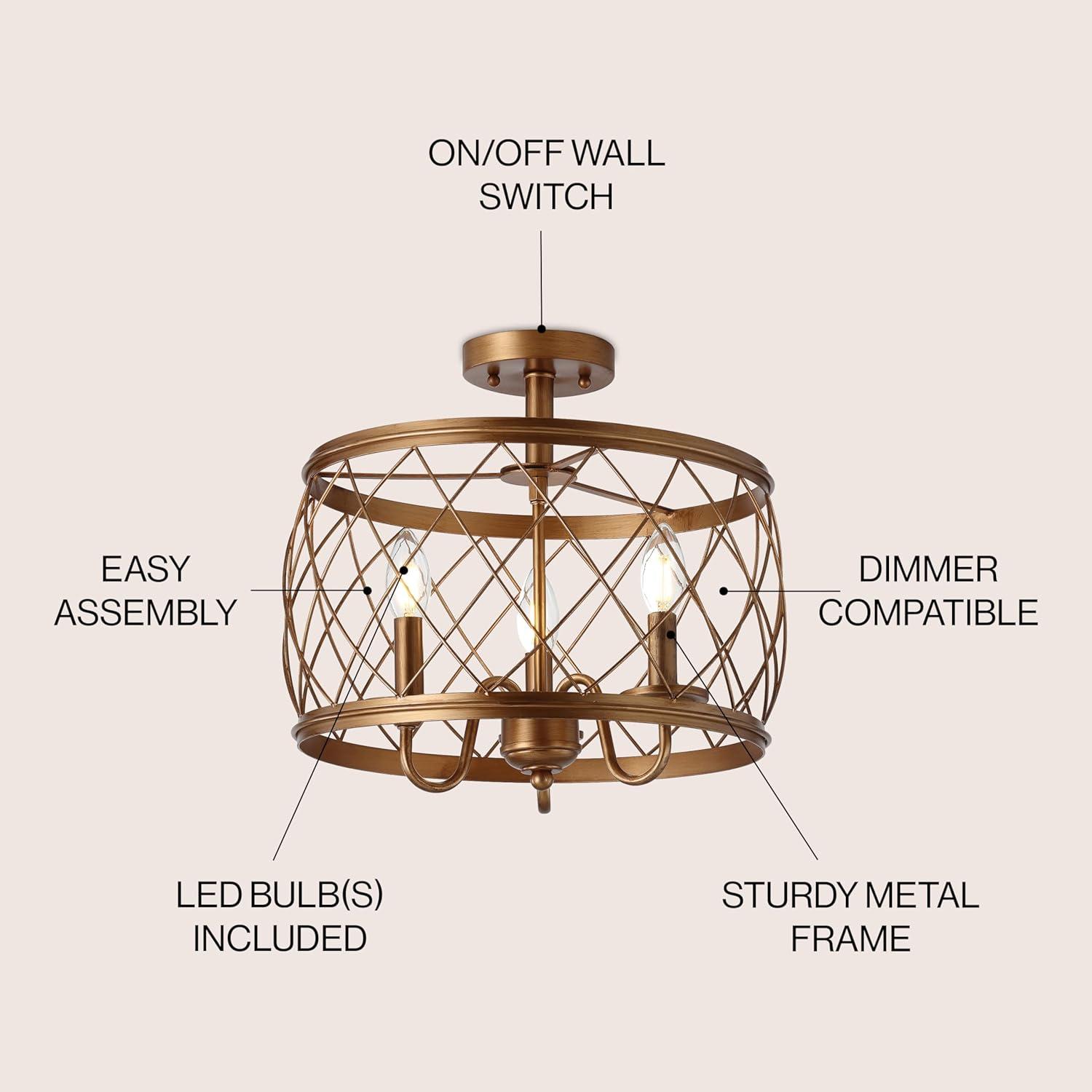 Antiqued Gold 15" Metal Drum LED Flush Mount Light